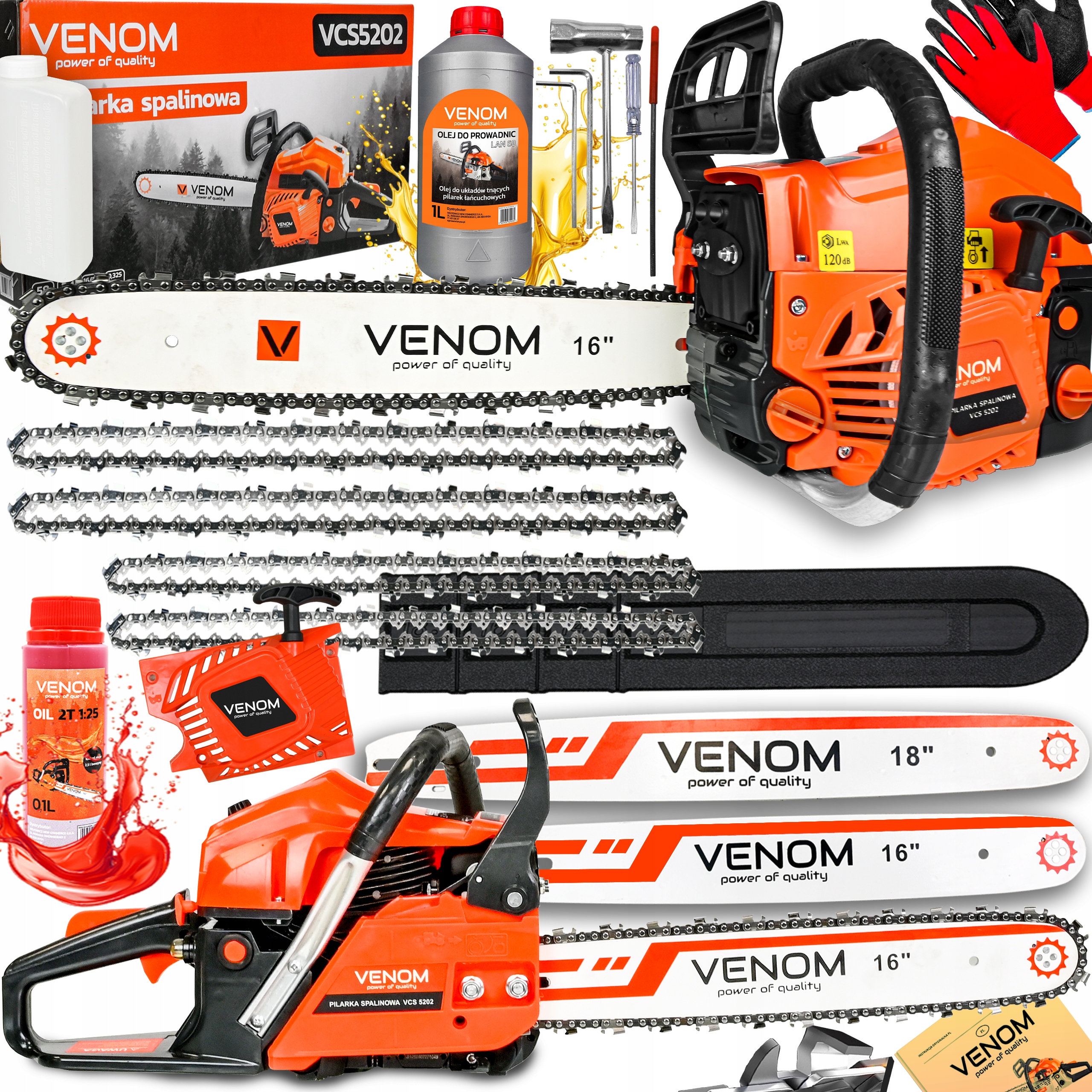 Benzínová Pila Řetězová Pila 5,7KM 58CC 4xŘETĚZ 2xVODÍTKA 16' 18'