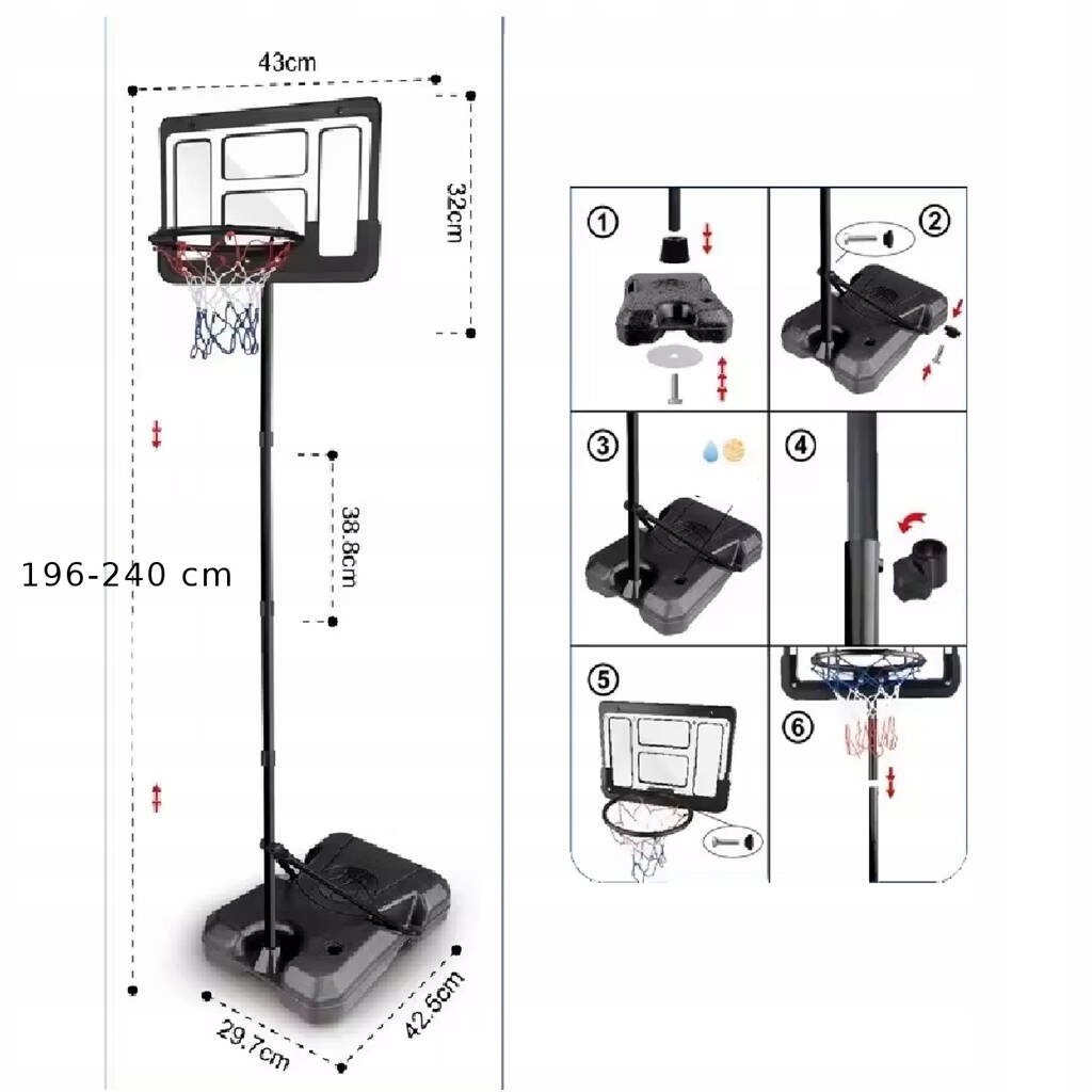 DUŻY KOSZ dla DZIECI Koszykówka 196-240 cm ZESTAW PIŁKA OBRĘCZ TABLICA Szerokość produktu 56 cm