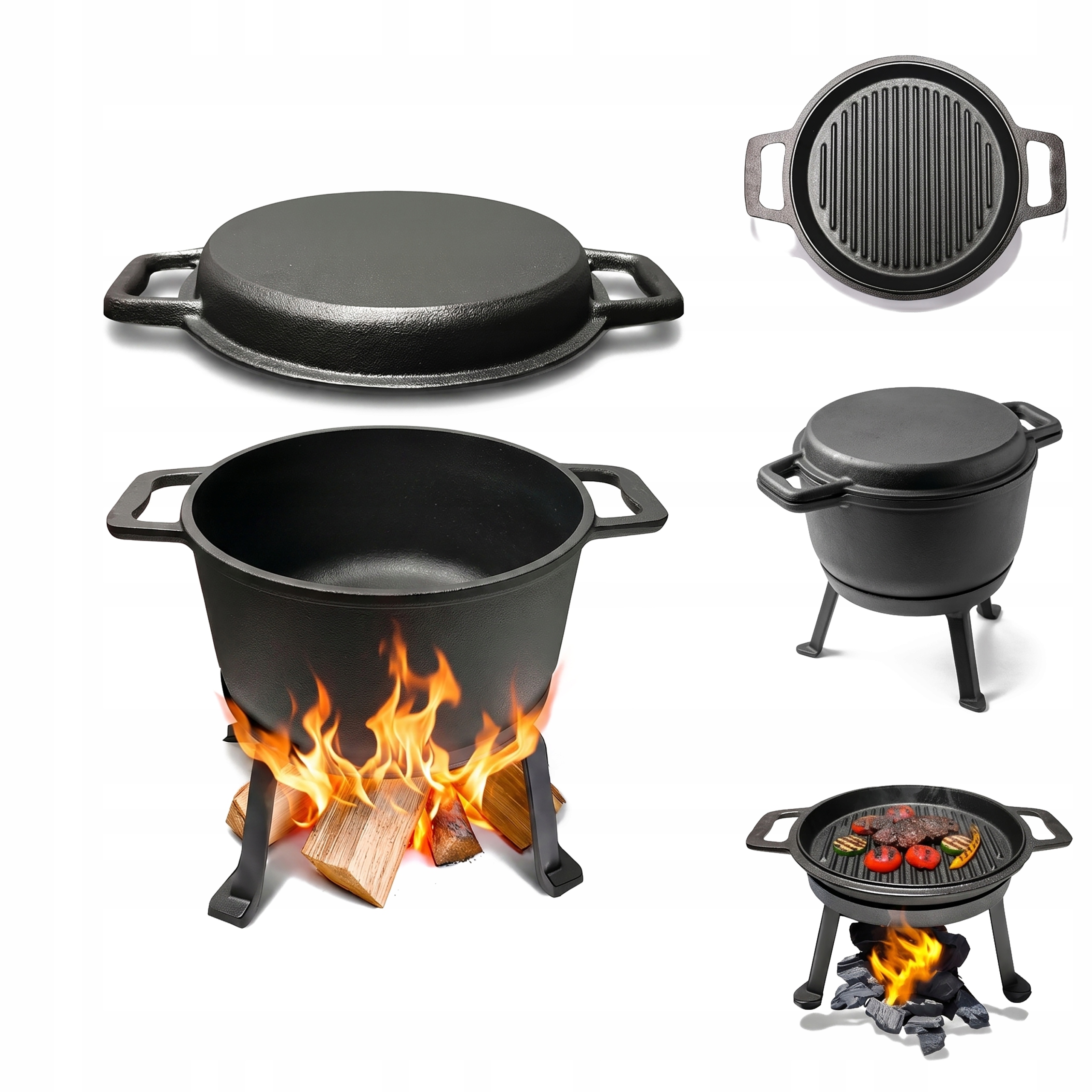 Żeliwny Kociołek Myśliwski Z Patelnią Garnek 10L 3w1 Grill Ognisko