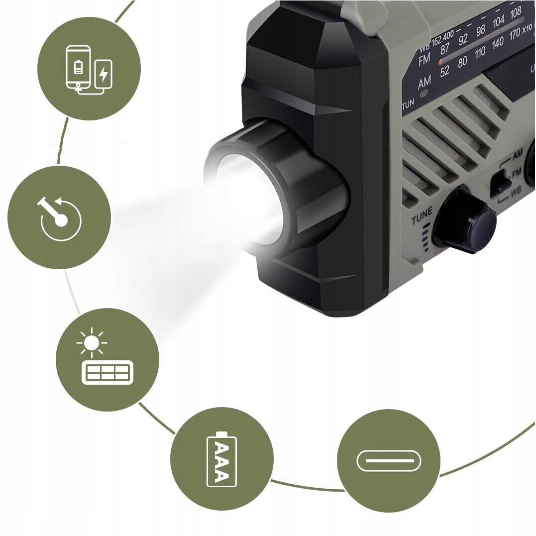 PRZENOŚNE RADIO NA KORBKĘ Z BATERIĄ SOLARNE 2000MAH, RADIO AWARYJNE Z AM FM Marka inna