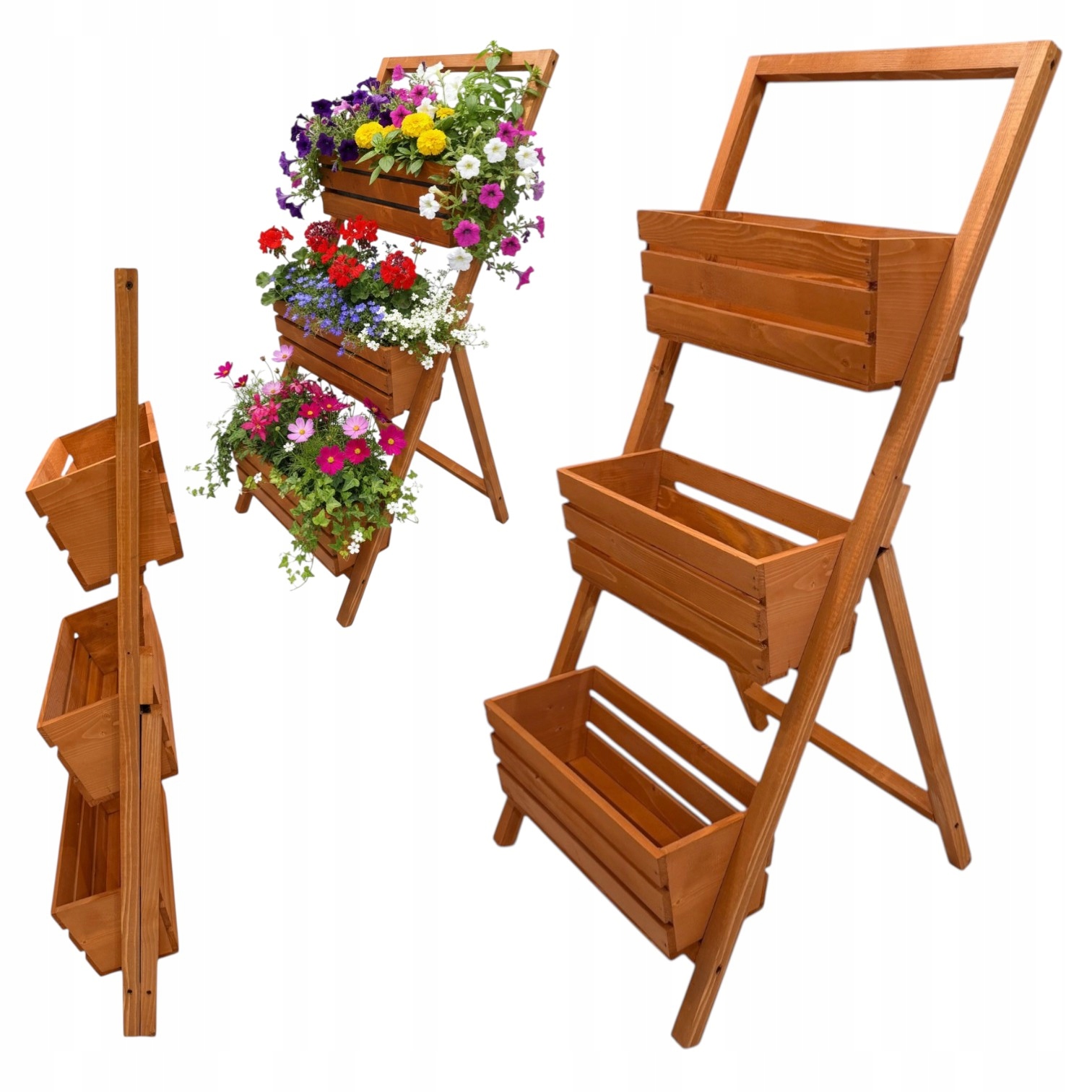 Držák Na Květináč – dřevěný rozkládací stojan na květiny, bylinky, 3 truhlíky