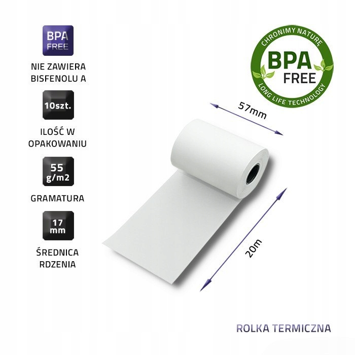 Qoltec Rolka termiczna 57 x 20 / 55g/m2 / 10szt. / BPA free Liczba sztuk w opakowaniu 10