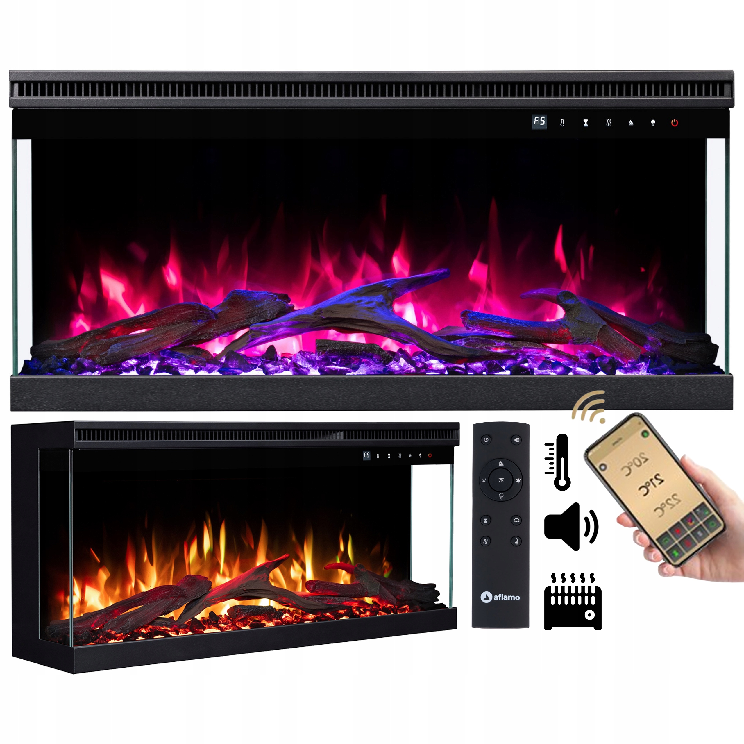 Kominek Elektryczny Led Aflamo Unique 100 Pro Trzyszybowy 1500 W Głośnik