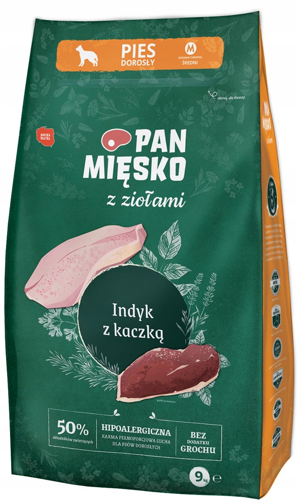 Pan Mięsko karma sucha dla psa indyk z kaczką chrupki M z ziołami 9 kg