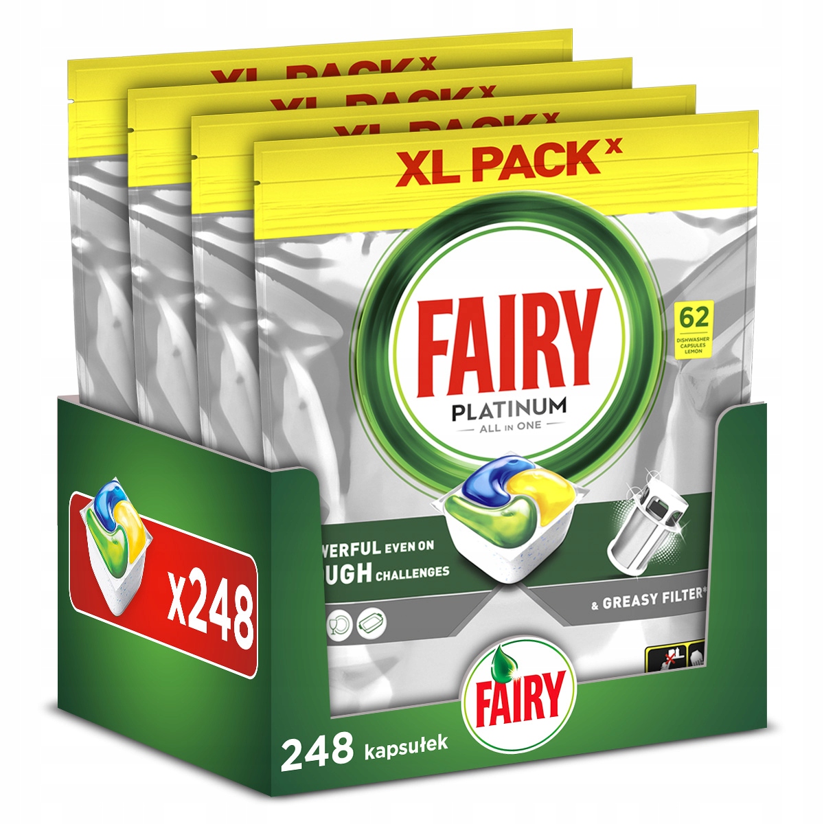 Fairy Platinum Kapsułki do zmywarki All In One Cytryna, 4x62 szt.