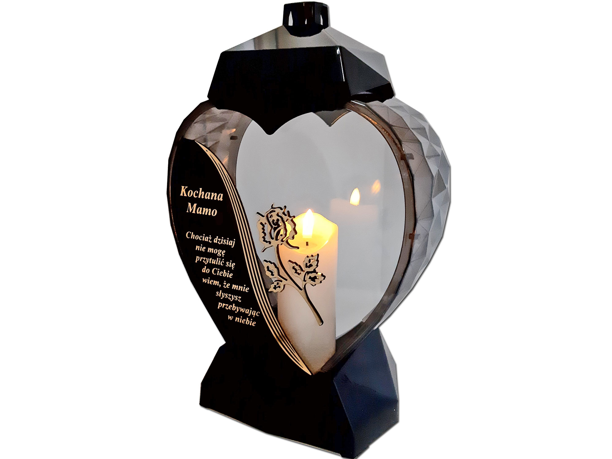 MAMA MAMIE ZNICZ LAMPION SERCE D CZARNY RÓŻA SENTENCJA ZŁOTO+ŚWIECA LED