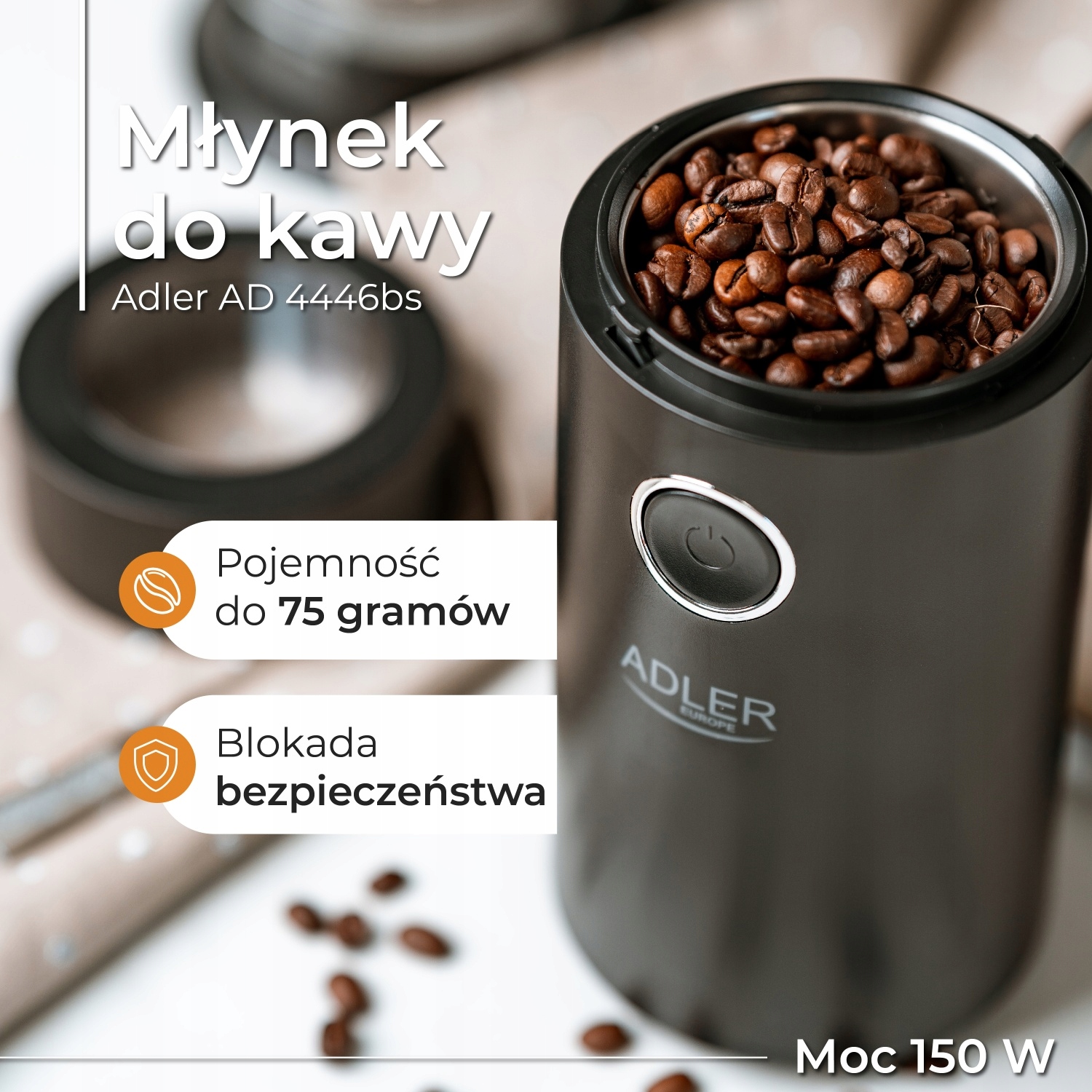 Młynek do kawy Adler AD 4446 Black Silver 150W Pojemność 75g