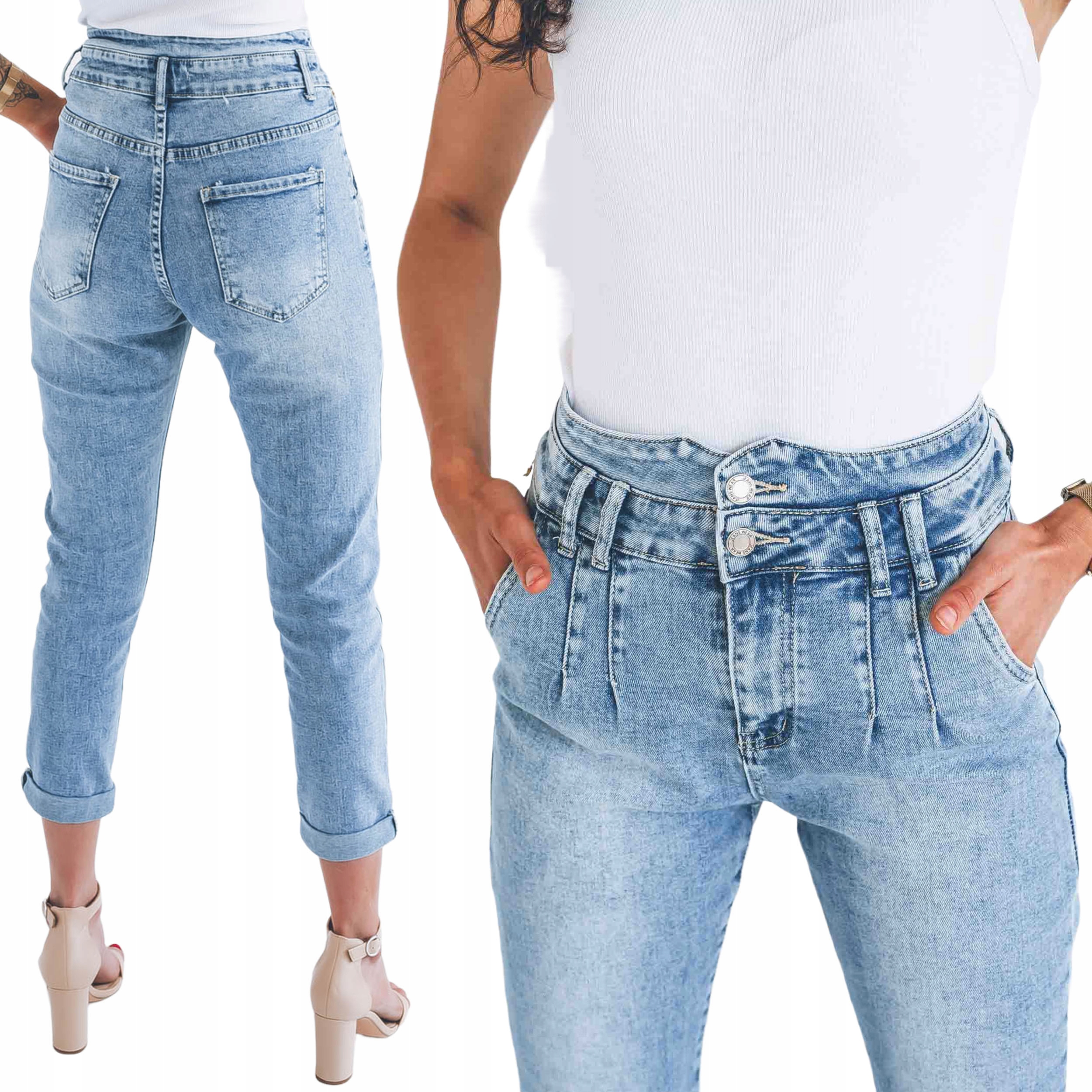 

Jeansowe damskie spodnie mom fit podwijane stan m