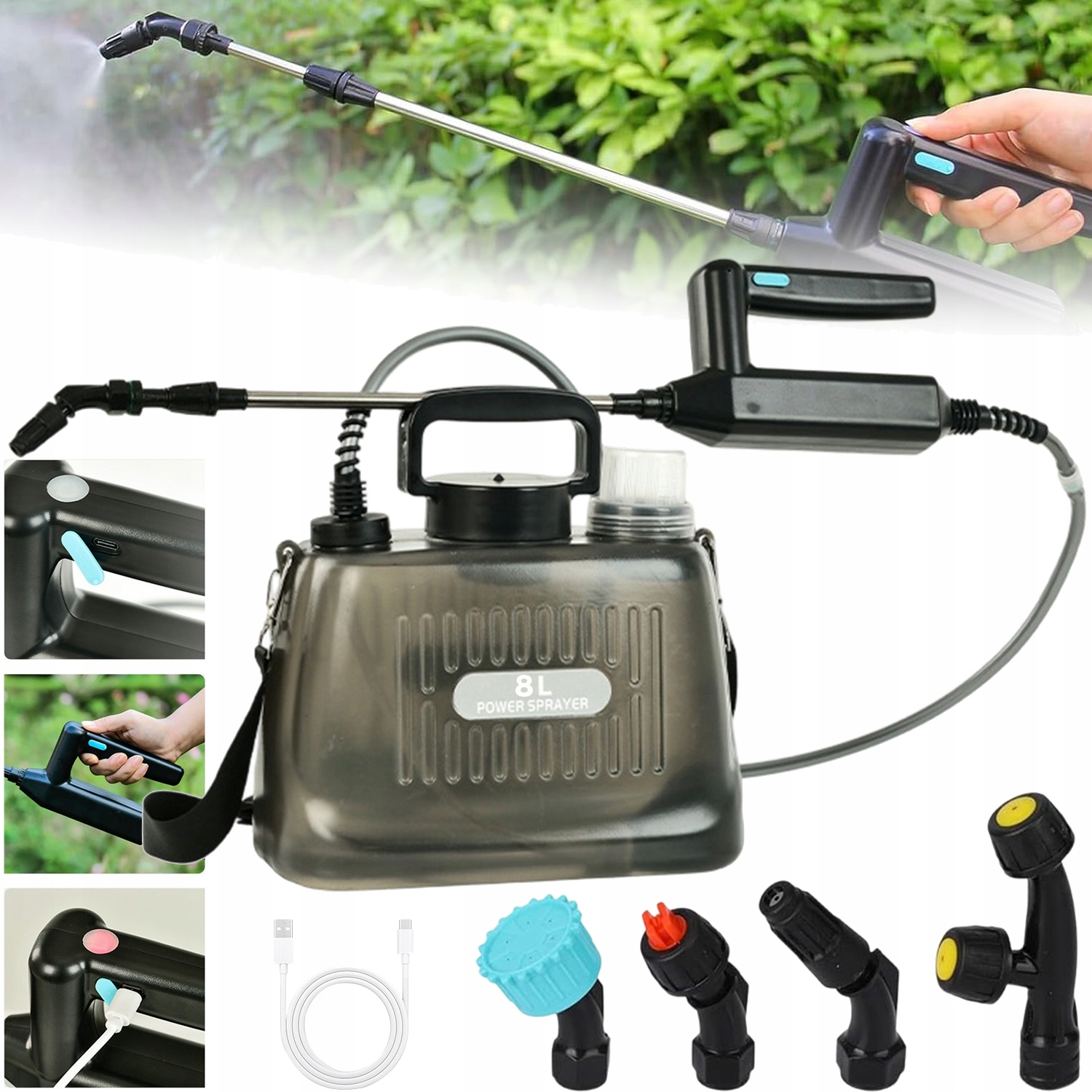 Akumulátorový Tlakový Postřikovač 8 L Batohový, Sada 4 Výkonných Trysek