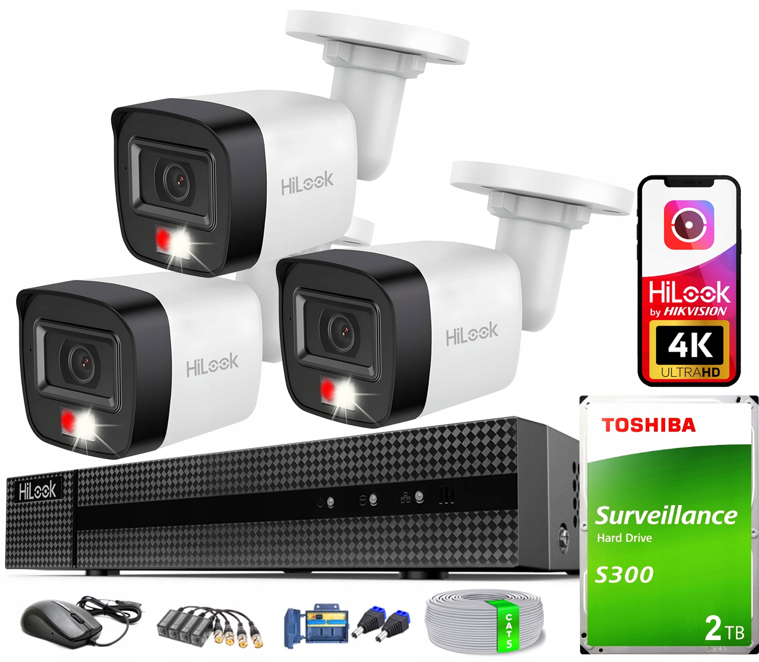 Venkovní monitorování 3 Kamery 8Mpx TVI-B8M-20DL HiLook Hikvision Disk 2TB