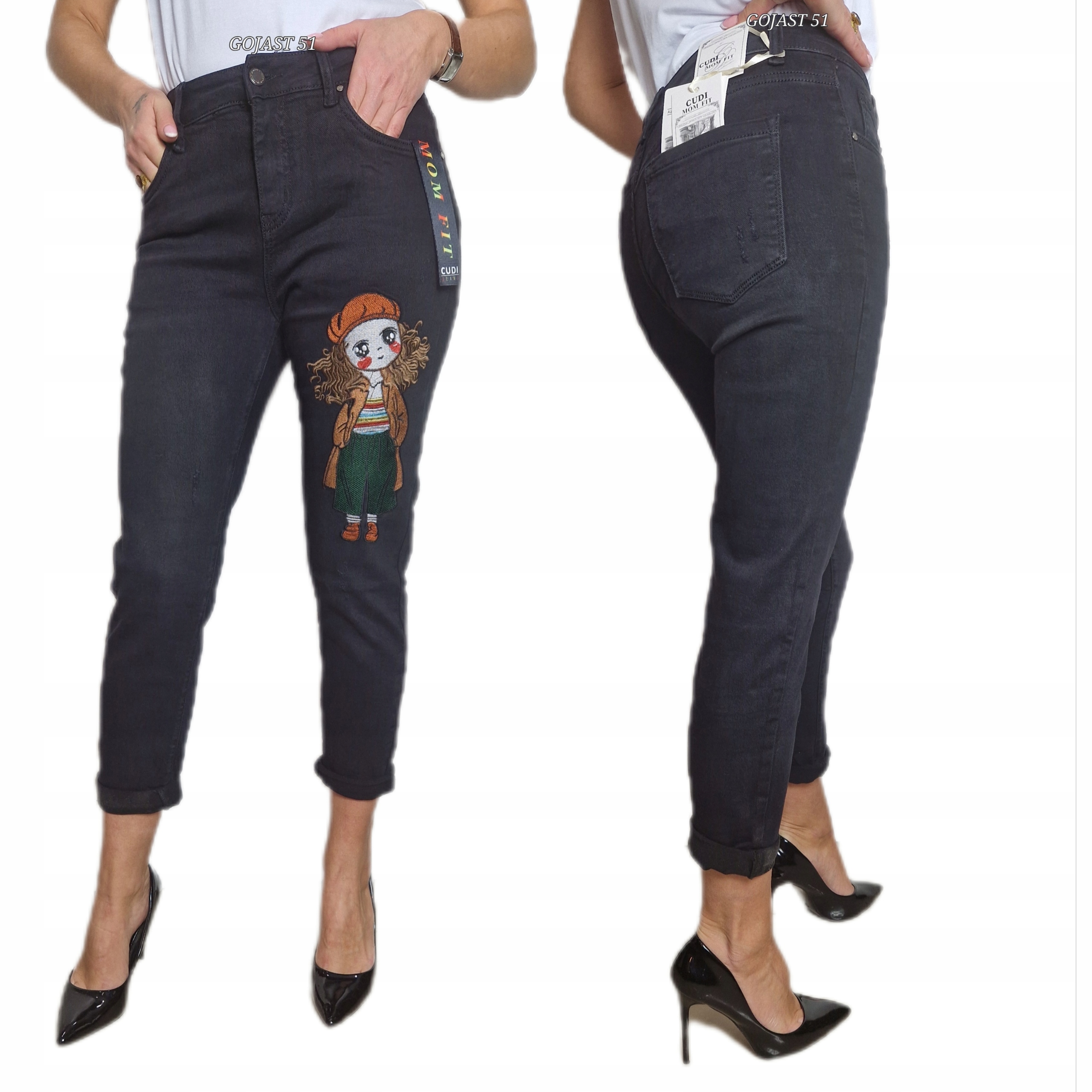 Spodnie Damskie Jeansowe Klasyczne Czarne Rurki z Haftem