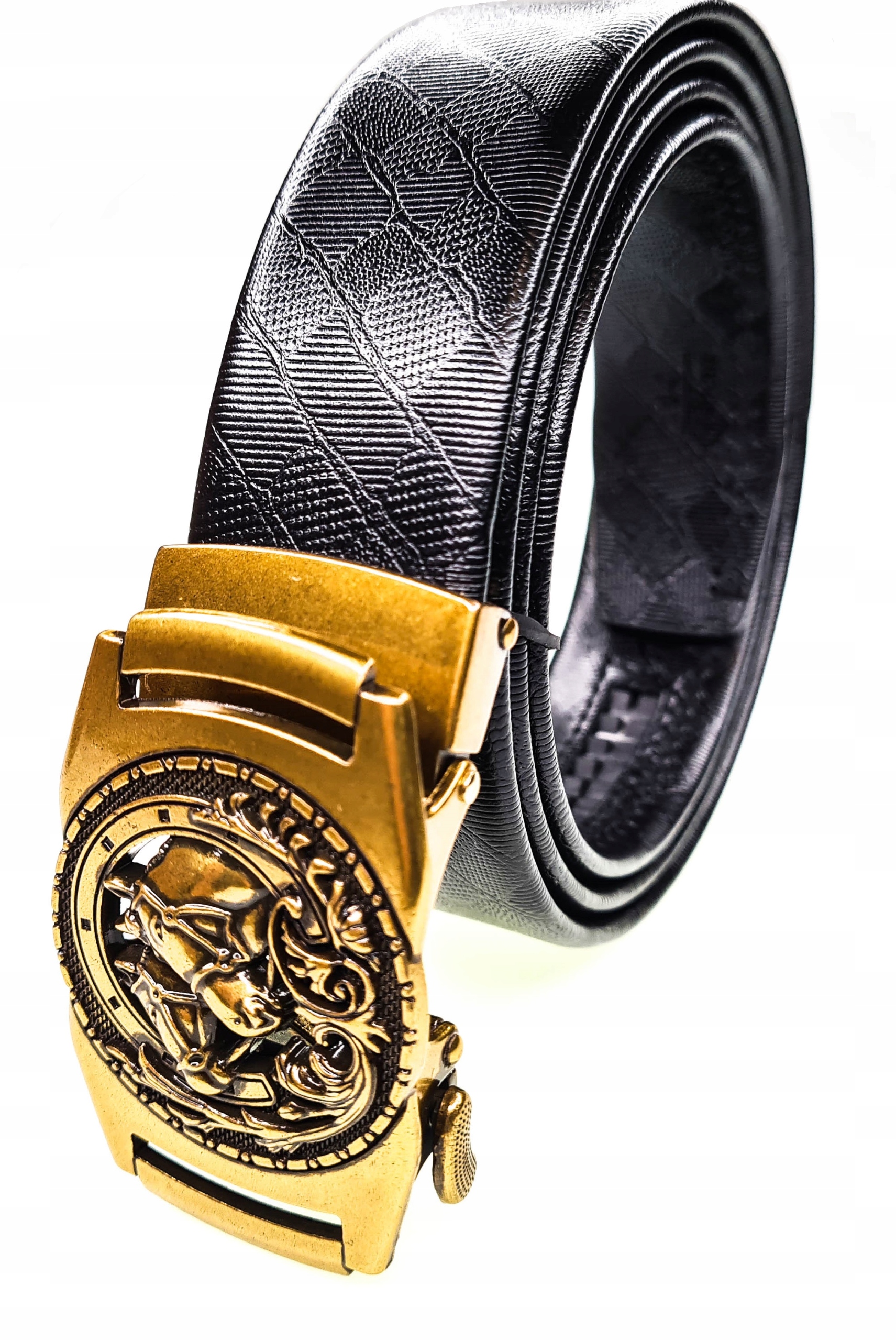 Luxusní Černý Pánský Kožený Opasek Automatický Zlatý Kůň Koně 140 CM