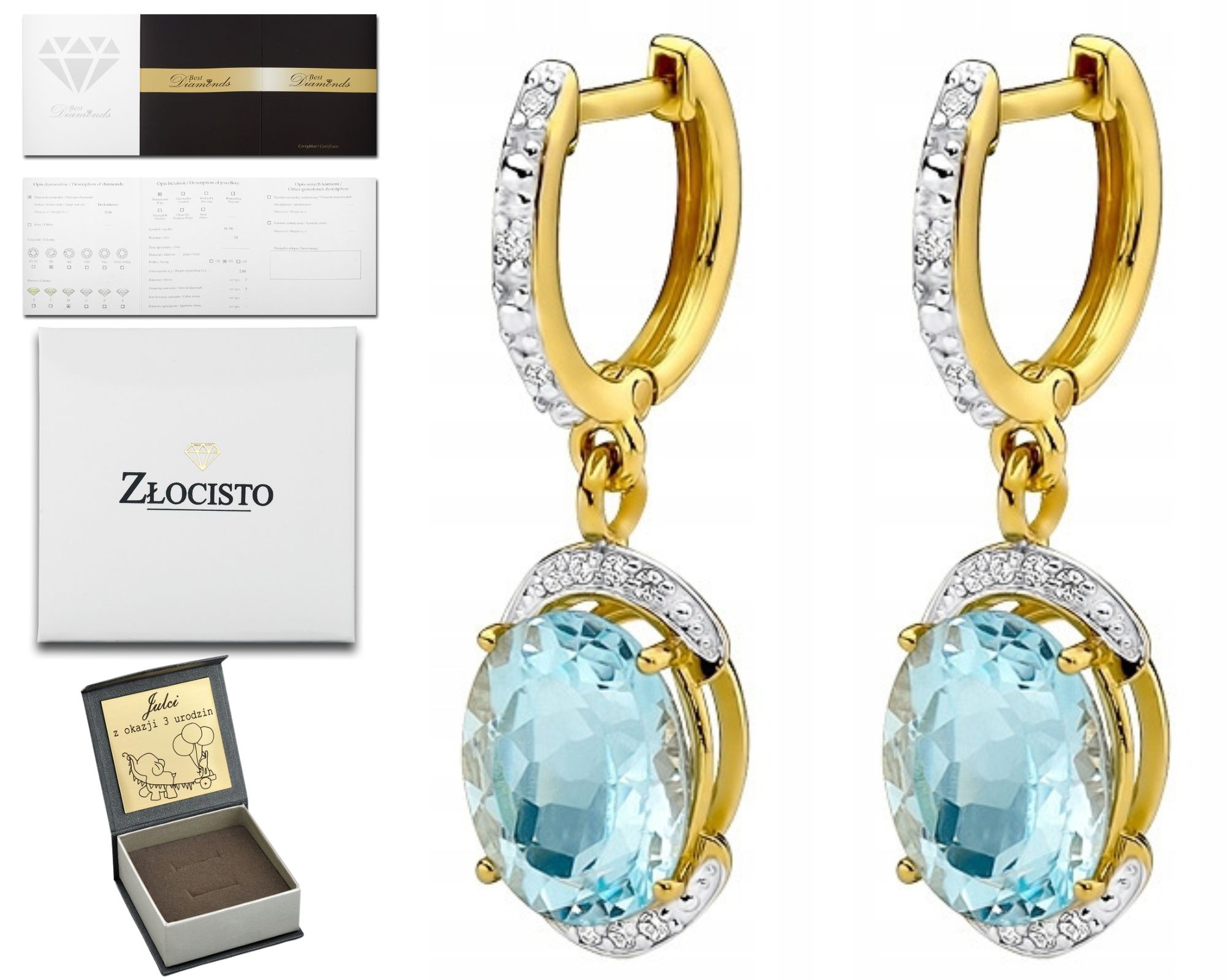 Zlaté Náušnice S Topazem A Briliantovými Diamanty