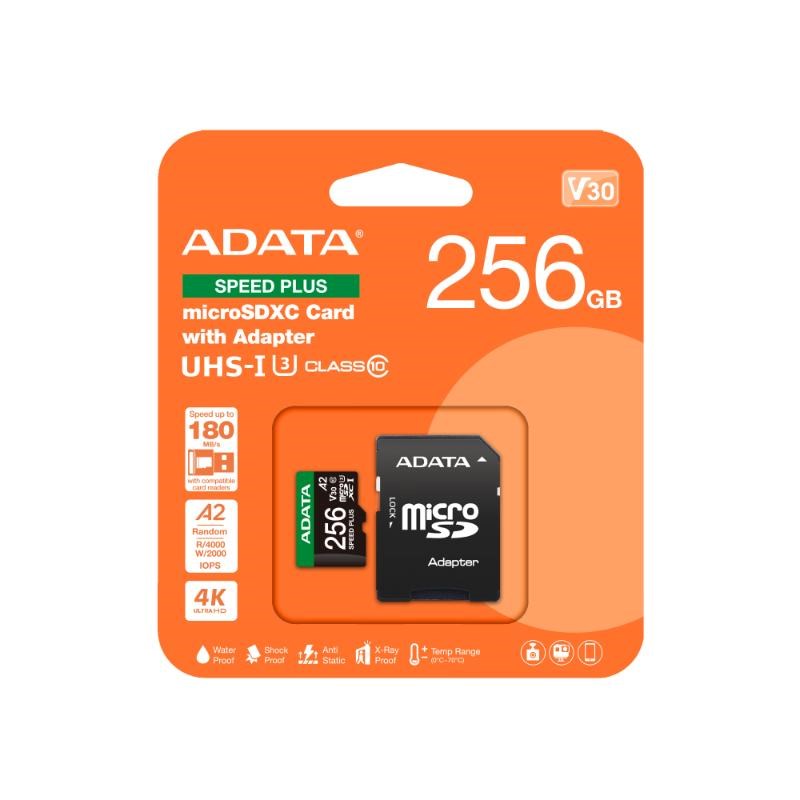 Adata MicroSDXC karta 256GB Speed Plus U3 C10 A2 V30 180/160MBs z adapterem