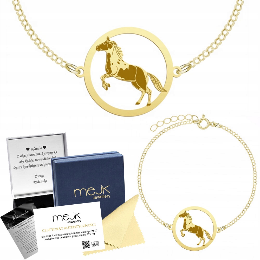 Zlatý náramek s koněm American Paint Horse 925 Řetízek Gravírování