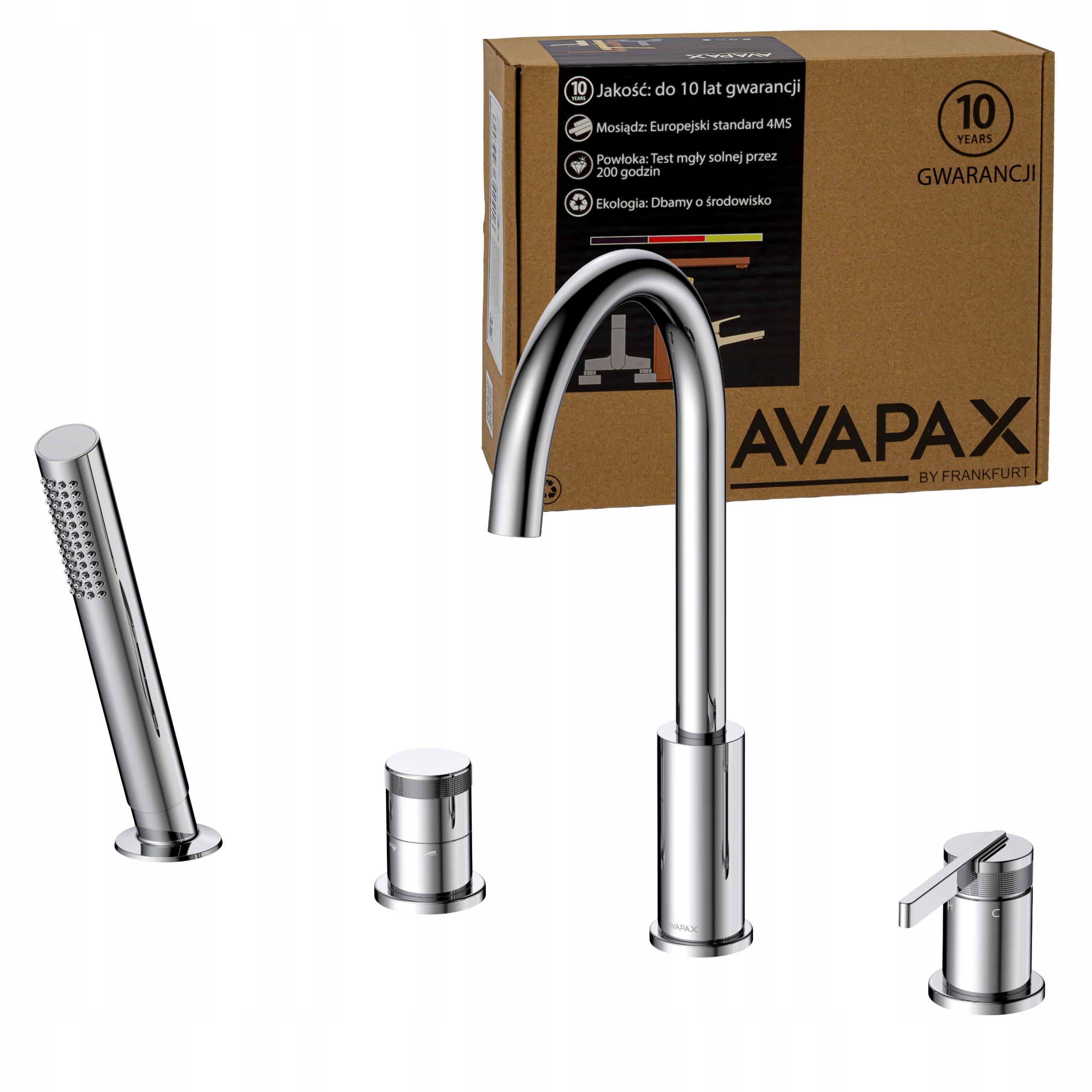 Vanová baterie 4-otvorová stojící na okraji vany s chromovou sprchou Avapax