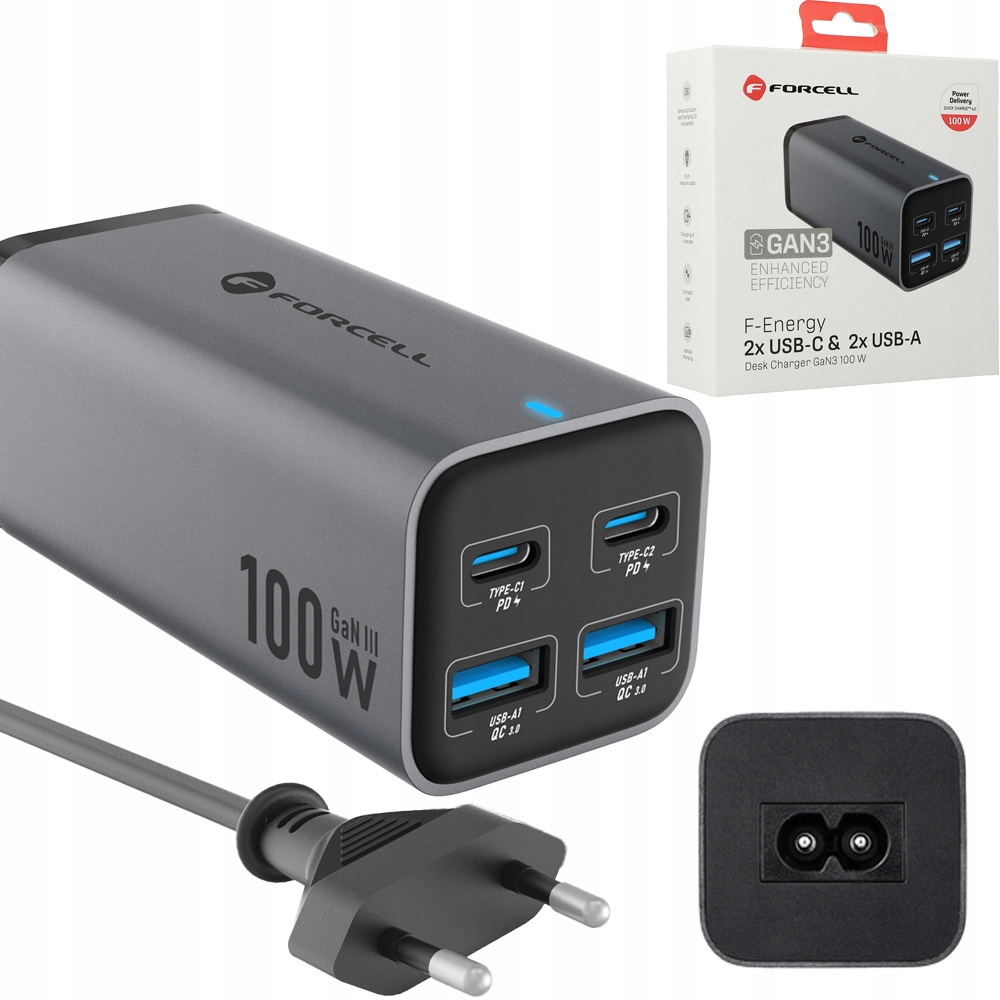 Stolní nabíječka nabíjecí stanice Forcell 100W 2x Usb-c 2x Usb-a Pd Qc GaN
