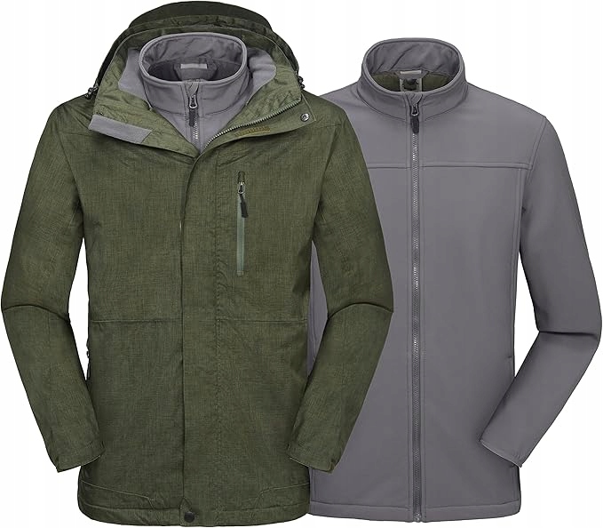 Wodoszczelna kurtka Męska, kurtka zimowa 3 w 1 zielona rozmiar M