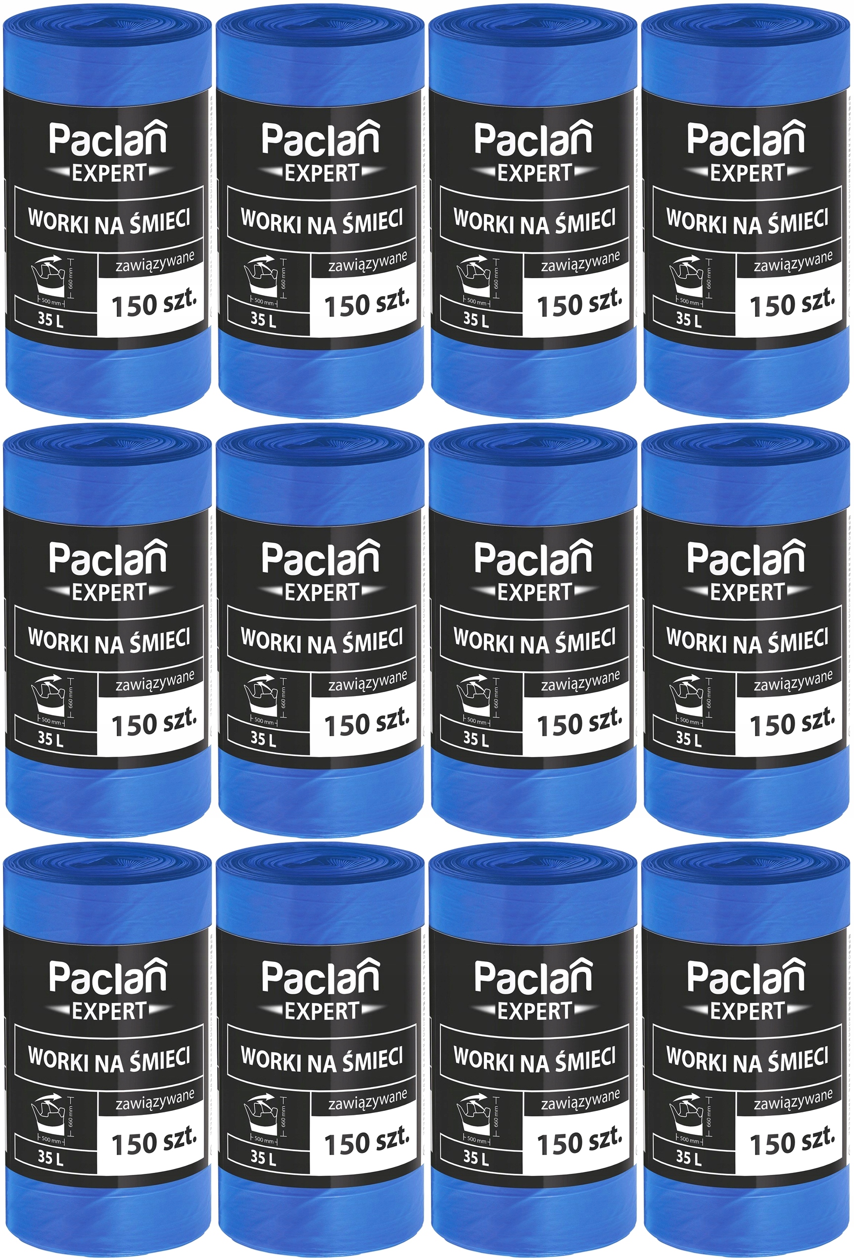 Levně 12 x Sáčky Na Odpadky Zavázané Pevné Nepraskající 35L 150 Ks Paclan Expert