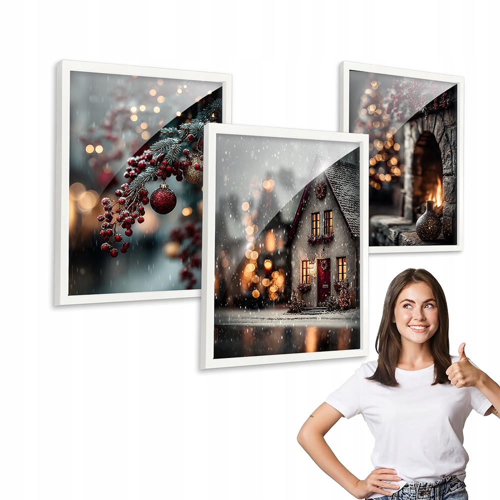 Sada 3 obrazů vzor Vánoční Městečko bílá rámeček 50x70 plexi triptych