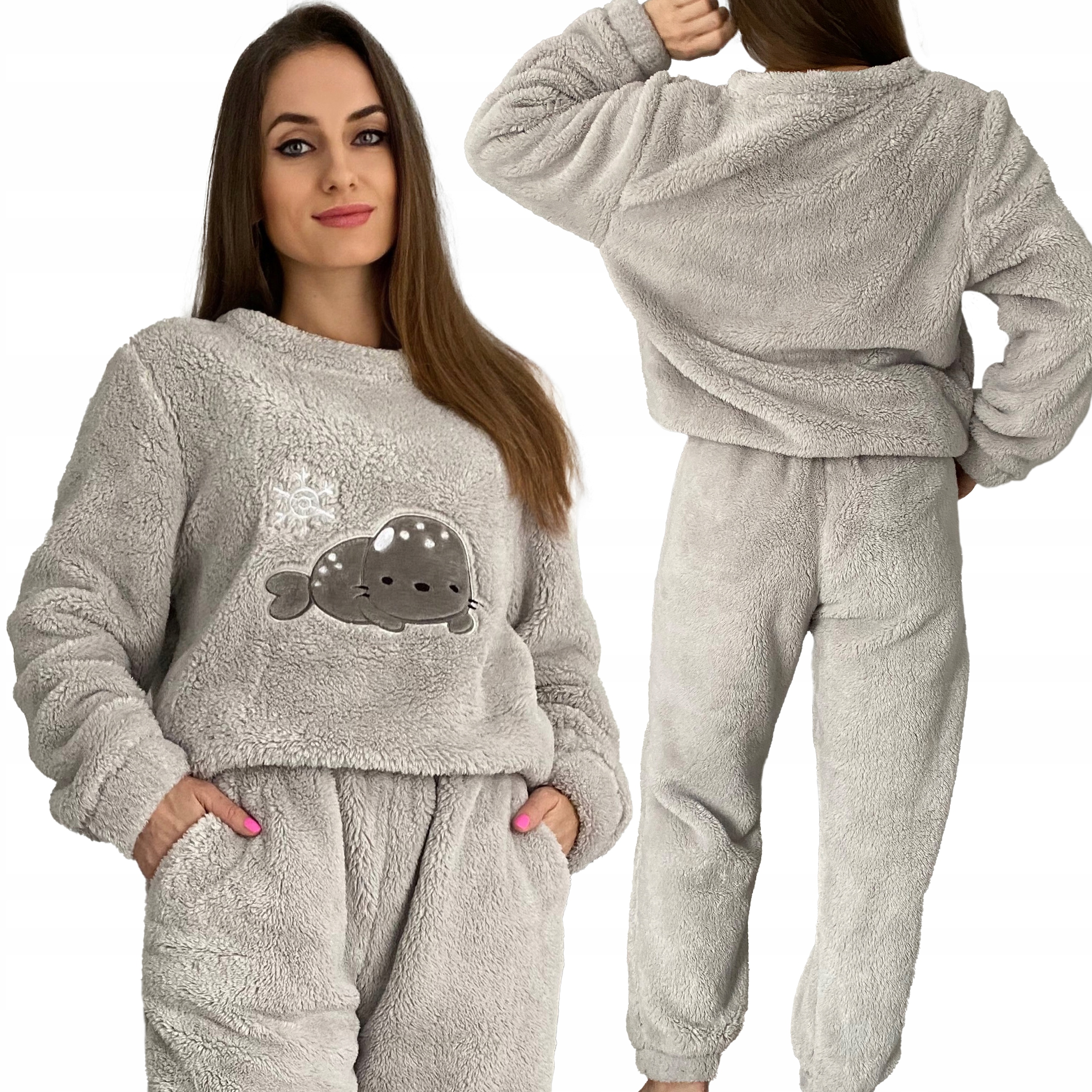Dámské teplé dlouhé pyžamo s velmi silnou výšivkou, XXL, šedé
