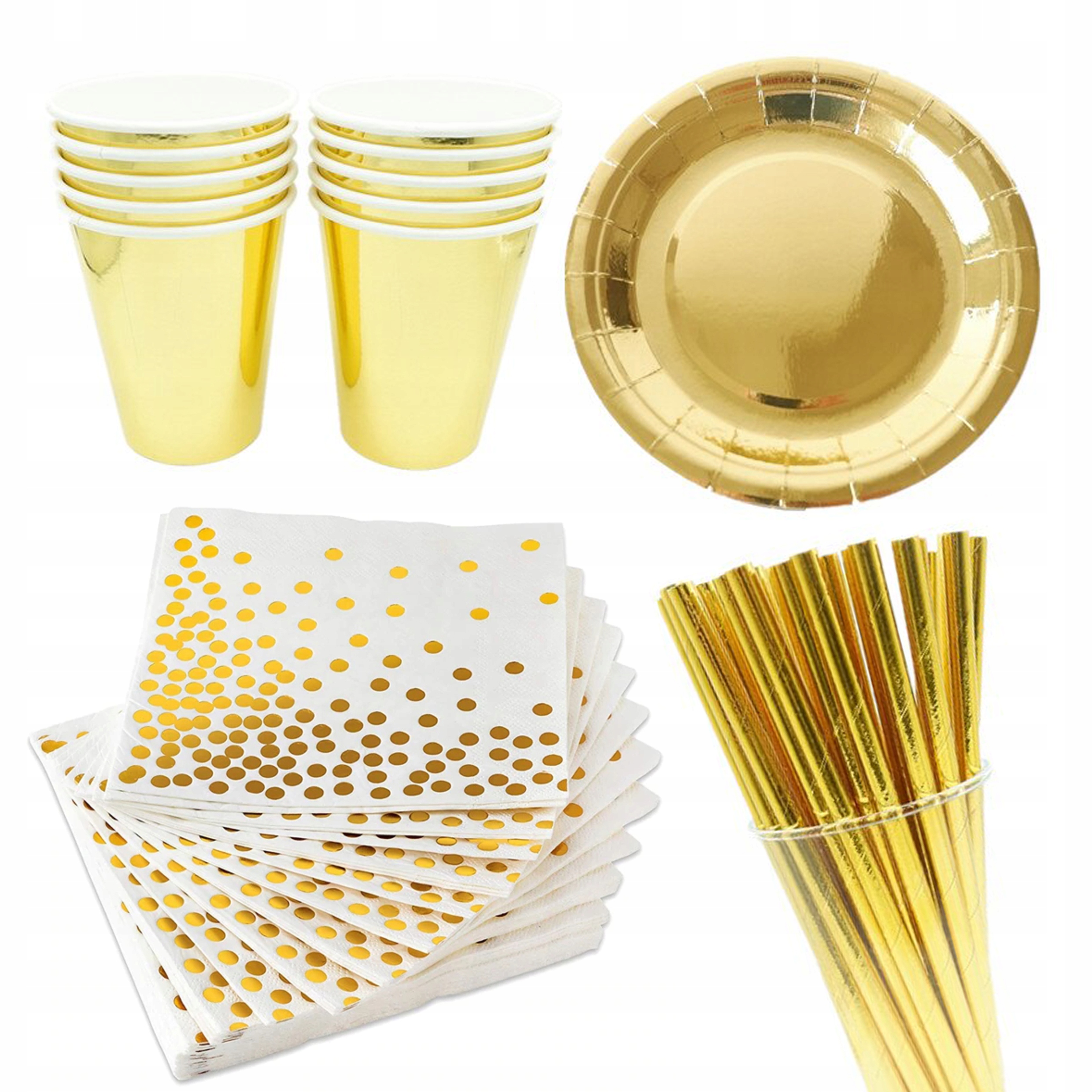 ZESTAW TALERZE KUBKI SERWETKI SŁOMKI GOLD ZŁOTO