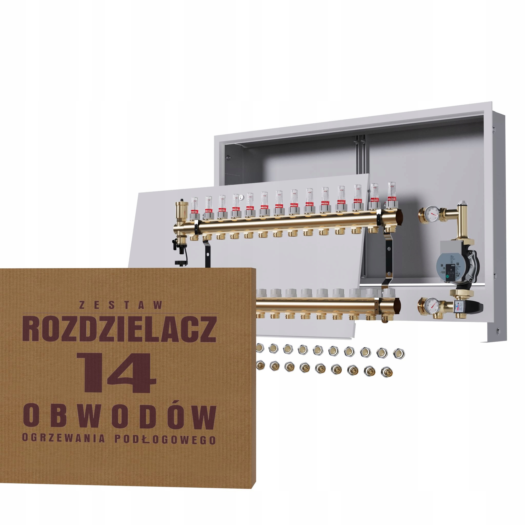 Rozdělovač pro podlahu 14 okruhů s čerpadlem Wilo podomítková skříňka +pex