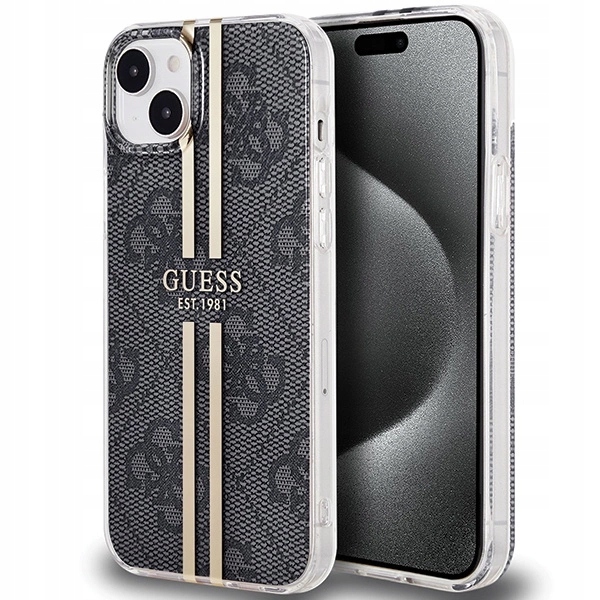 Pouzdro Guess IML 4G Gold Stripe pro iPhone 15 Plus 14 Plus černé