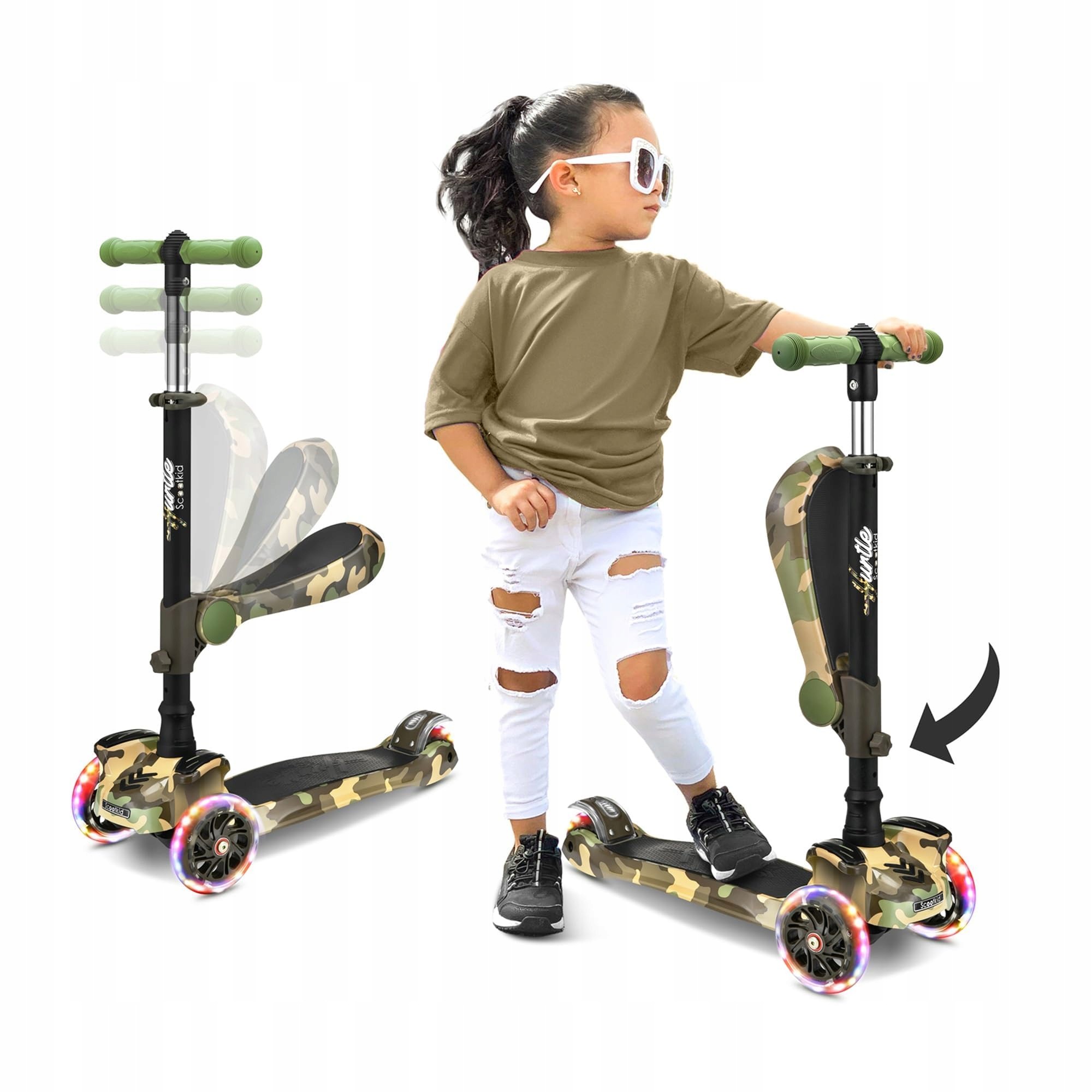 Hurtle ScootKid hulajnoga trójkołowa dla dzieci Led regulowana moro