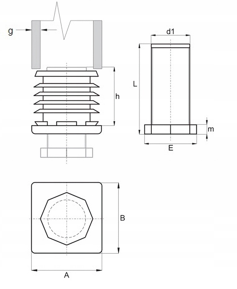 STOPKA REGULOWANA PROFIL 60x60 ZAŚLEPKA NÓŻKA 4szt Model 60x60 M22x35