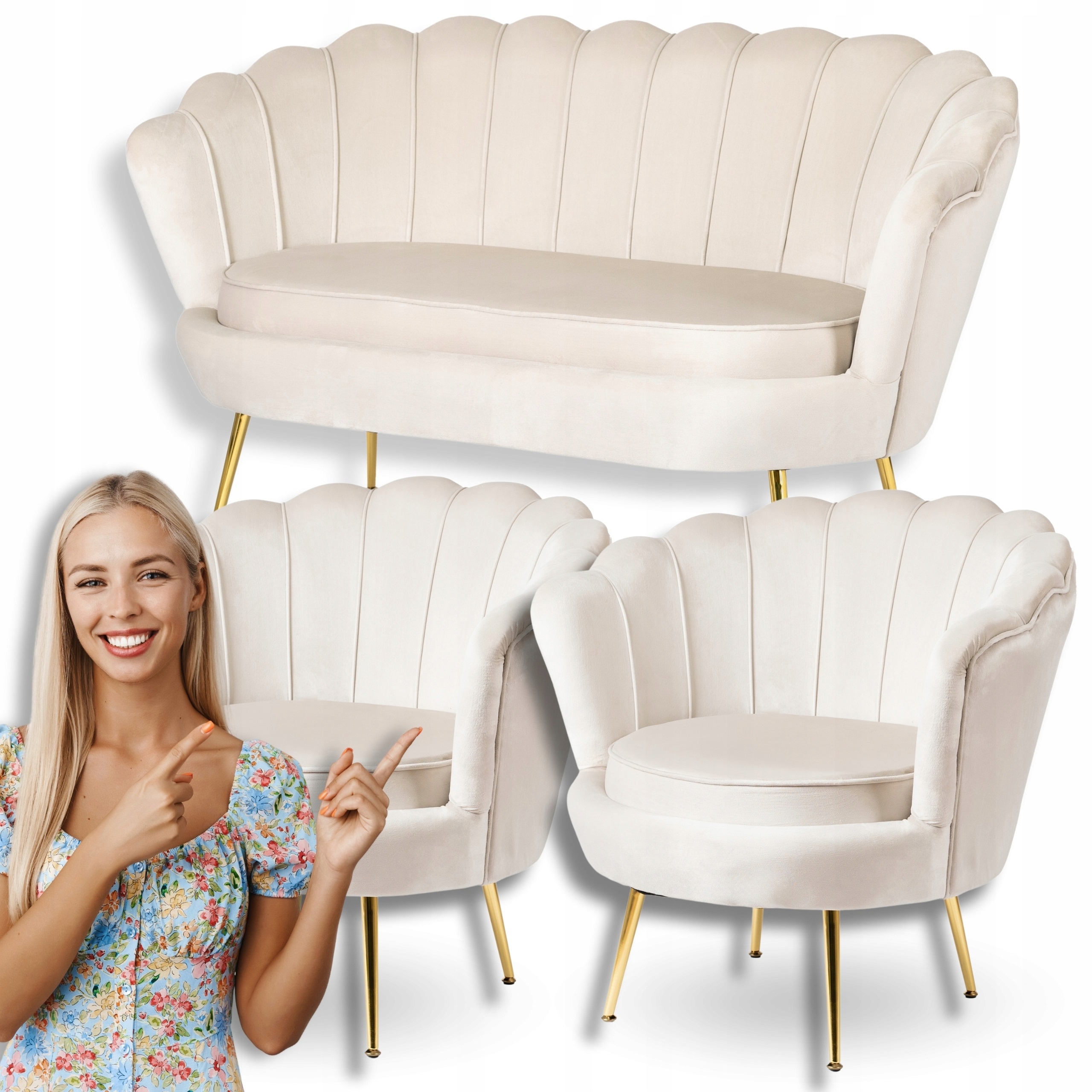 Sada krémové pohovky a 2 křesel Muszelka Sedací nábytek Glamour Zlatá