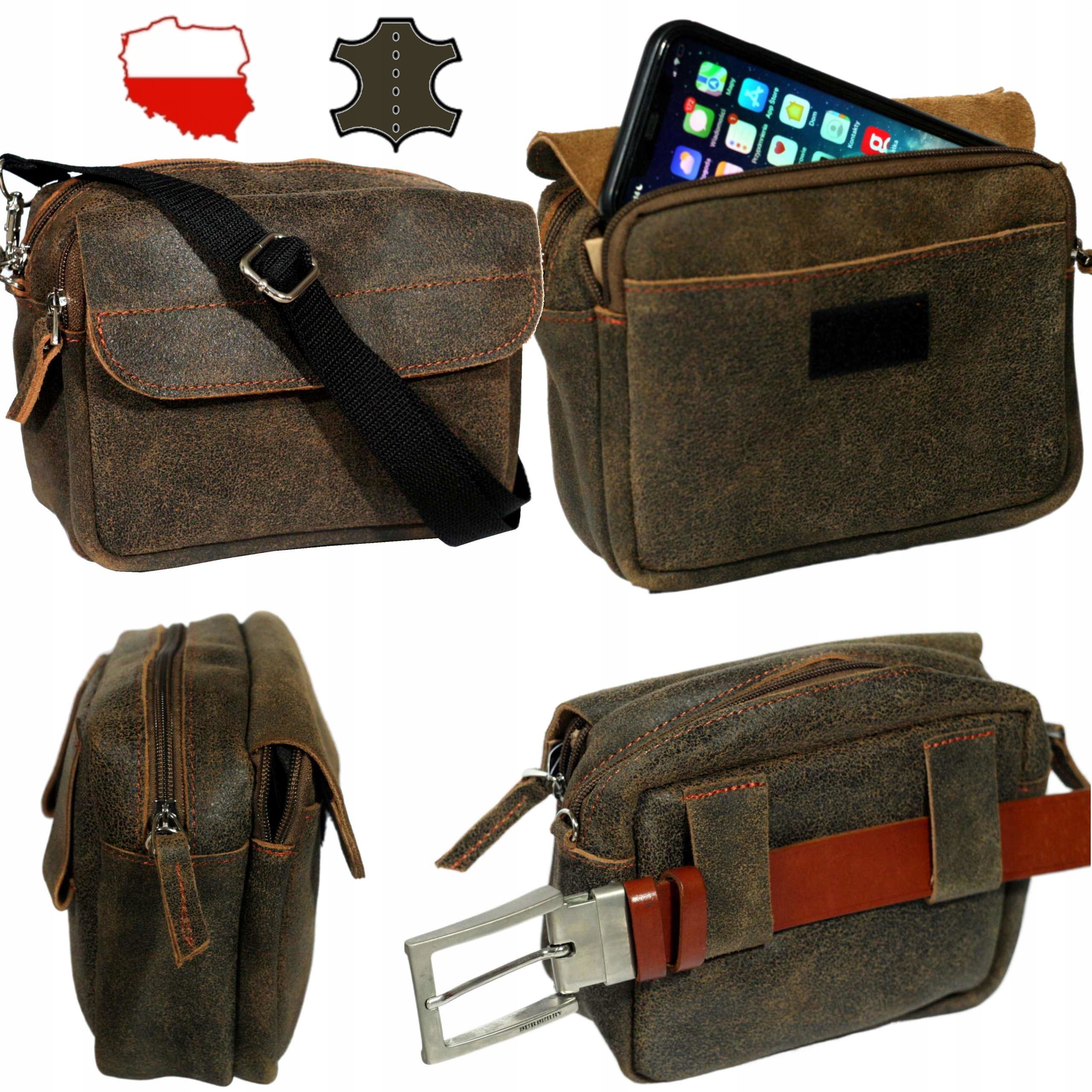 Hnědá kožená pánská taška na opasek do ruky, malá polská výroba