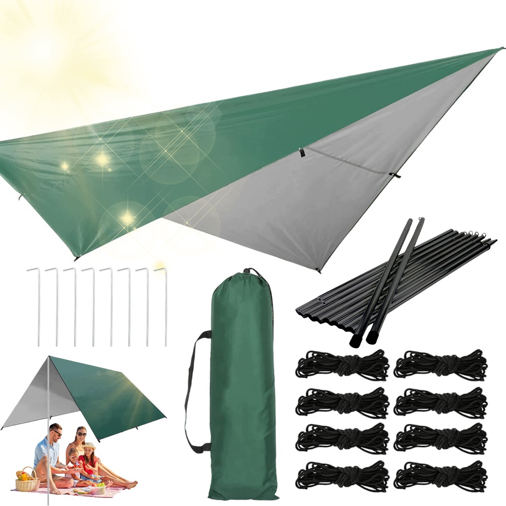Turistický Tarp Zelený Voděodolný Kryt Upf 50 Lehký Snadná Montáž 3X3 M
