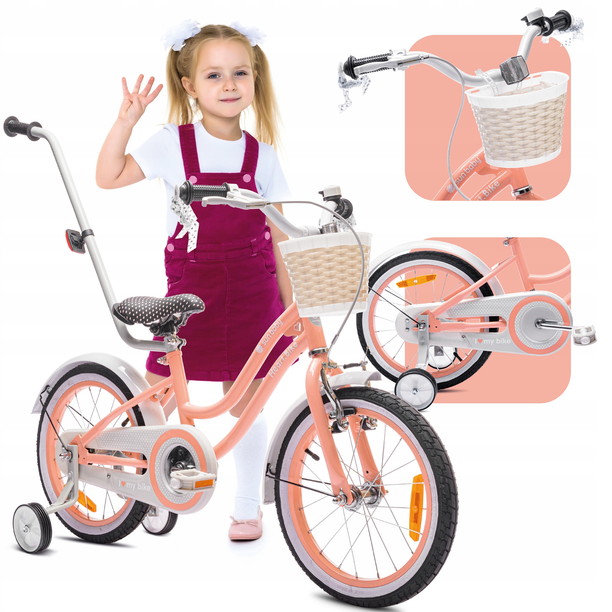 Rower 16 cali dziecięcy dla dziewczynki Pchacz Koszyk Kółka boczne 4-6 lat