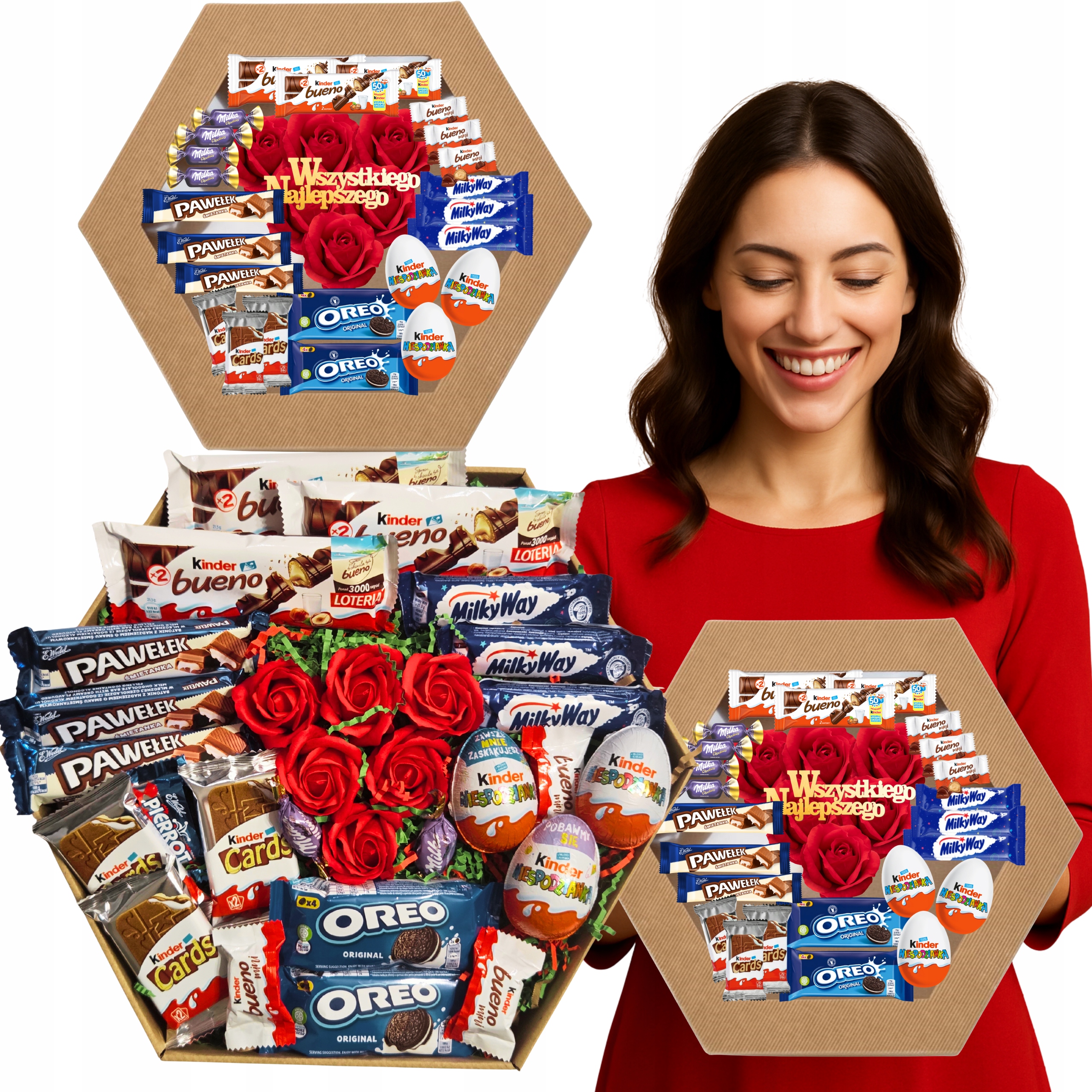 Zestaw Box Kosz Słodyczy Kinder Wedel Kwiaty Urodziny Komunia