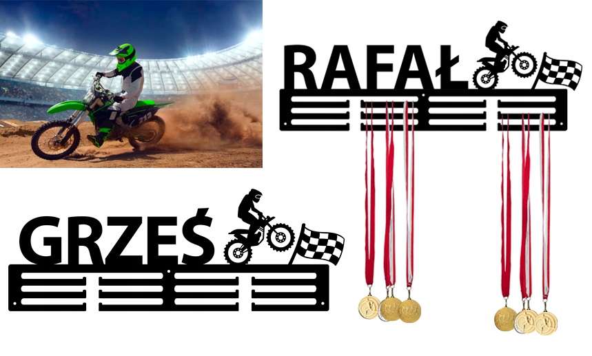 Věšák držák na medaile háček Jméno libovolný nápis logo Motocross Motor