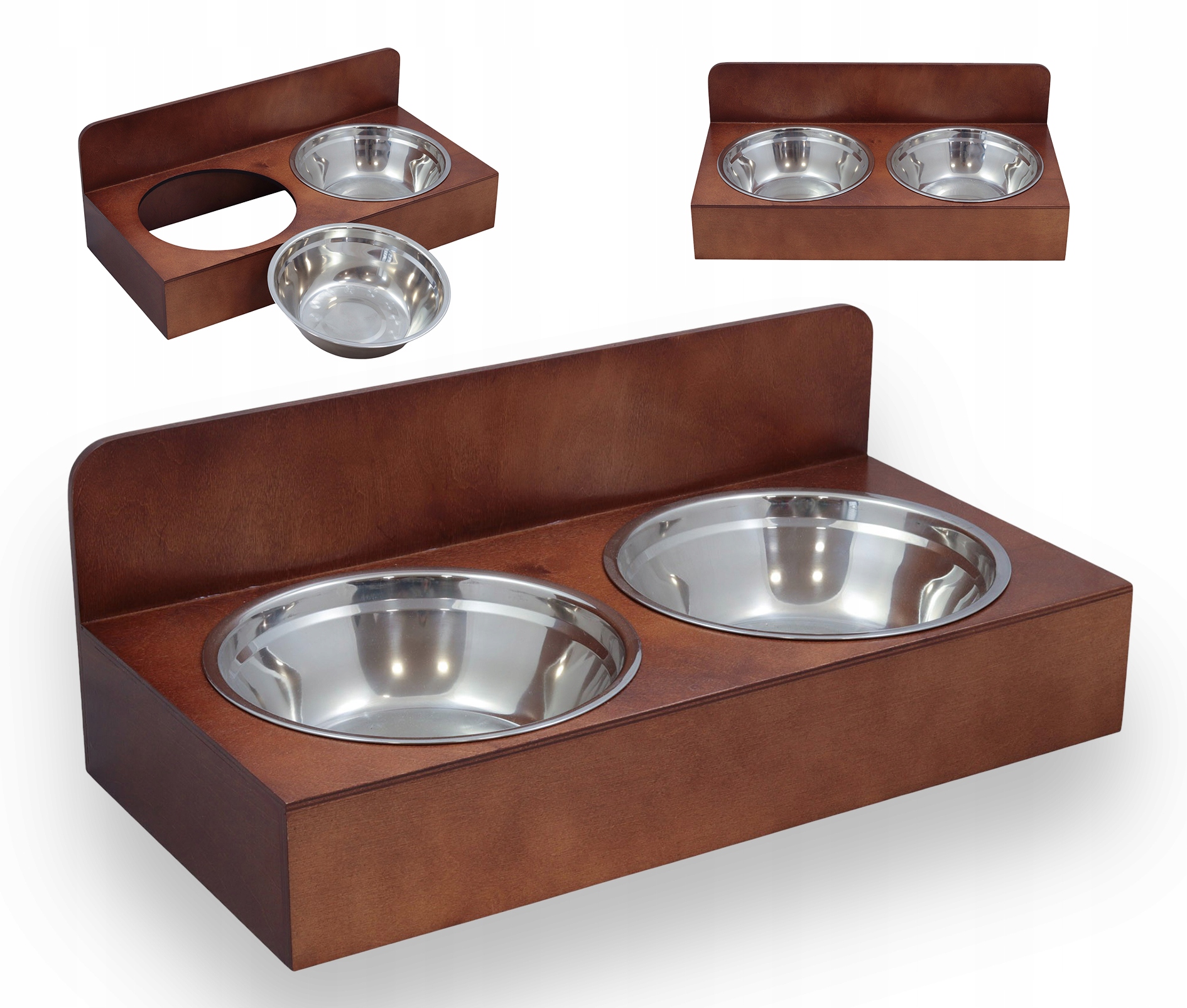 Levně Miska Pro Psa Se Stojanem Na Misky Dvojitá Dřevěná Podložka Hnědá