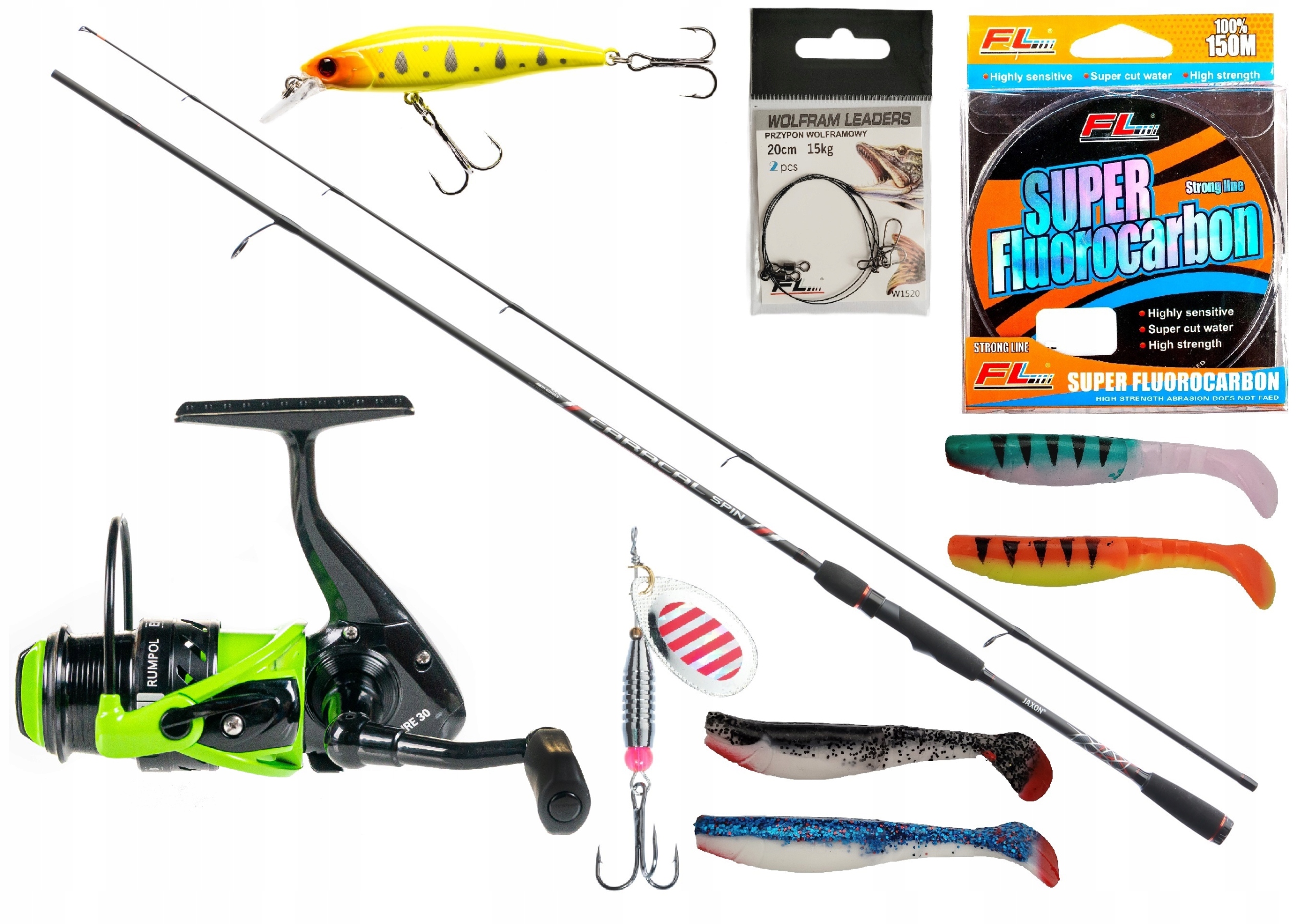 Zestaw Na Szczupaka Wędka Spinning Jaxon Kołowrotek Żyłka Błystka Wobler
