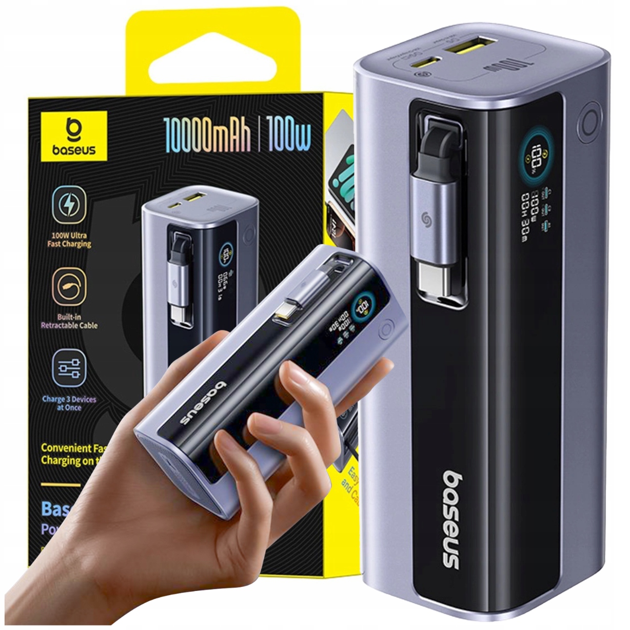 Výkonná Powerbanka Baseus 10000 mAh 100W EnerGeek GR11 S Navíjecím Kabelem Usbc