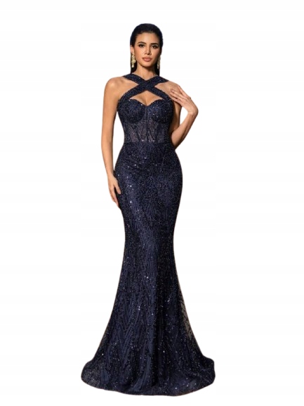 Shein Tmavě Modrá Šaty S Flitry A Korzetem L 1JJ