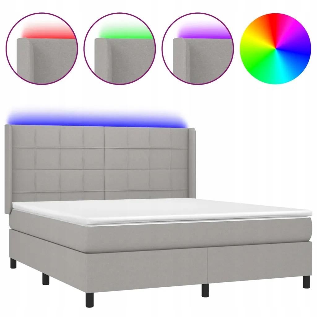 Kontinentální postel s matrací a Led diodami, světle šedá, 203x183x118/128 cm