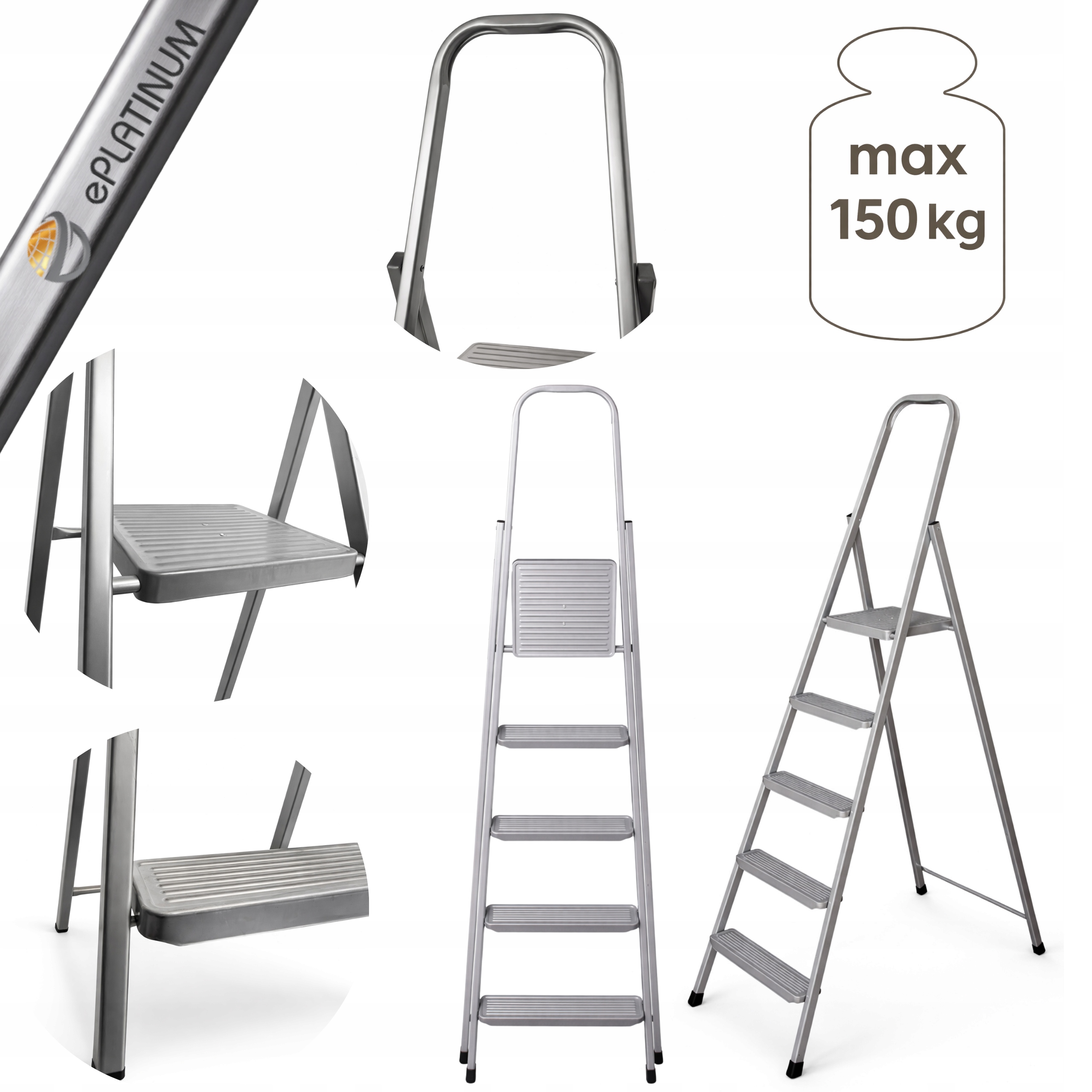 Žebřík ocelový, 5stupňový, skládací, šedý, jednostranný, 150 kg