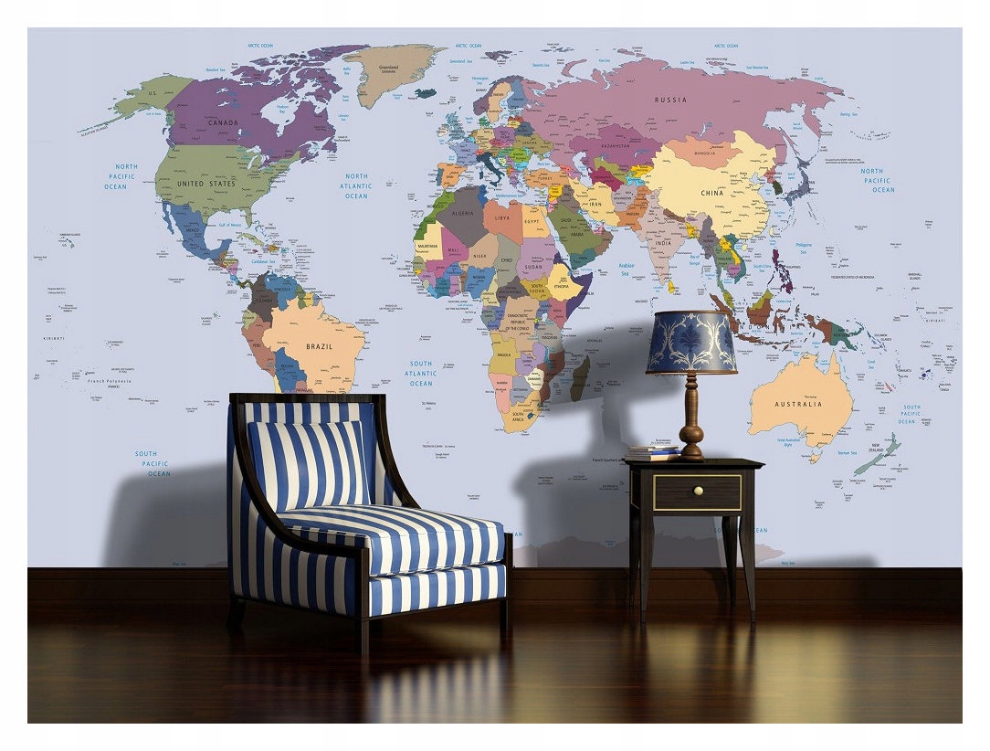 Fototapeta flizelina Mapa světa obrysy země oceány světle modrá 250x175 lepidlo