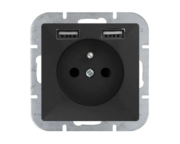Černá jednonásobná zásuvka s uzemněním a nabíječkou 2XUSB 2A 5V Perla Abex