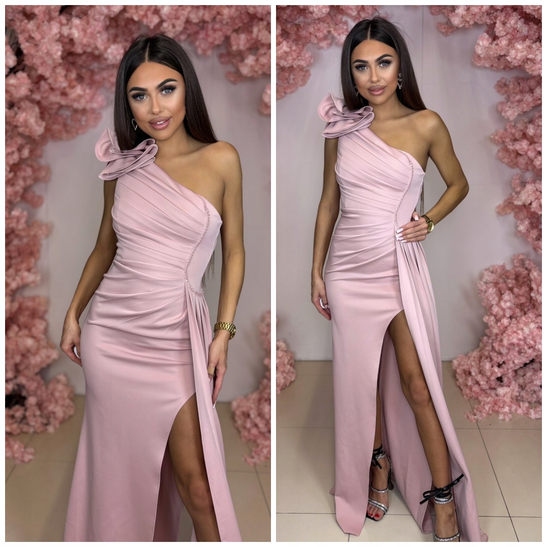Ivy dlouhá pudrová růžová šaty s rybkou na jedno rameno pro svatební hostina ples M