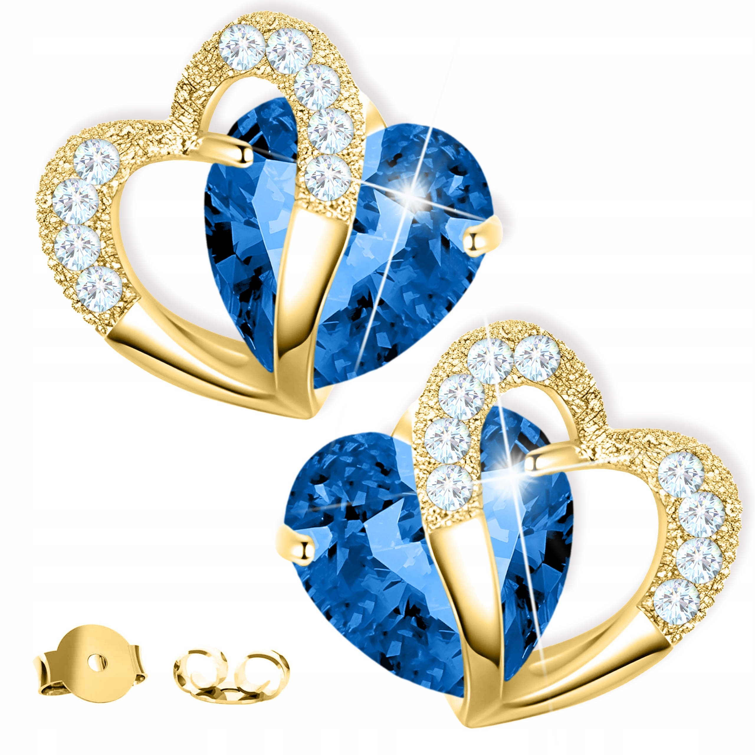 Zlaté Náušnice s modrým srdcem Modré srdce Zirkony Stříbro 925