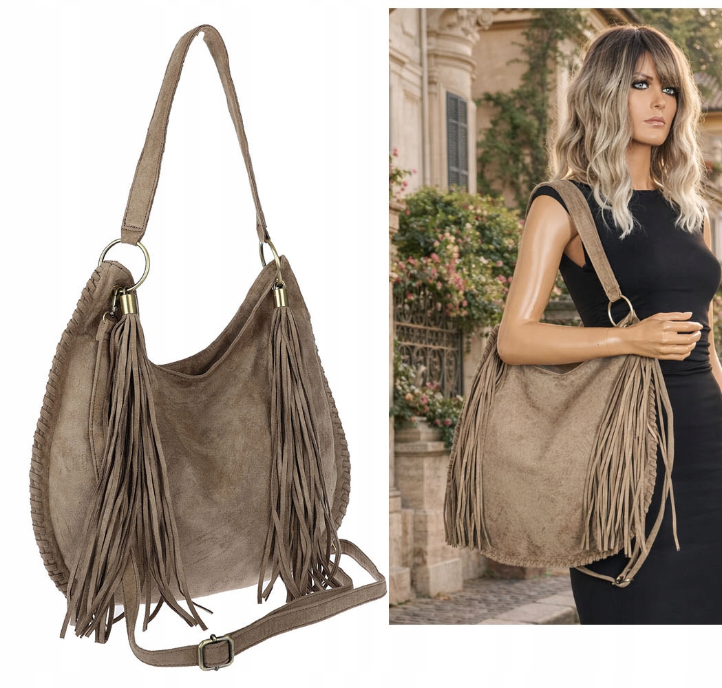 Torebka damska shopper worek zamsz lekka torba 90517 Brązowa