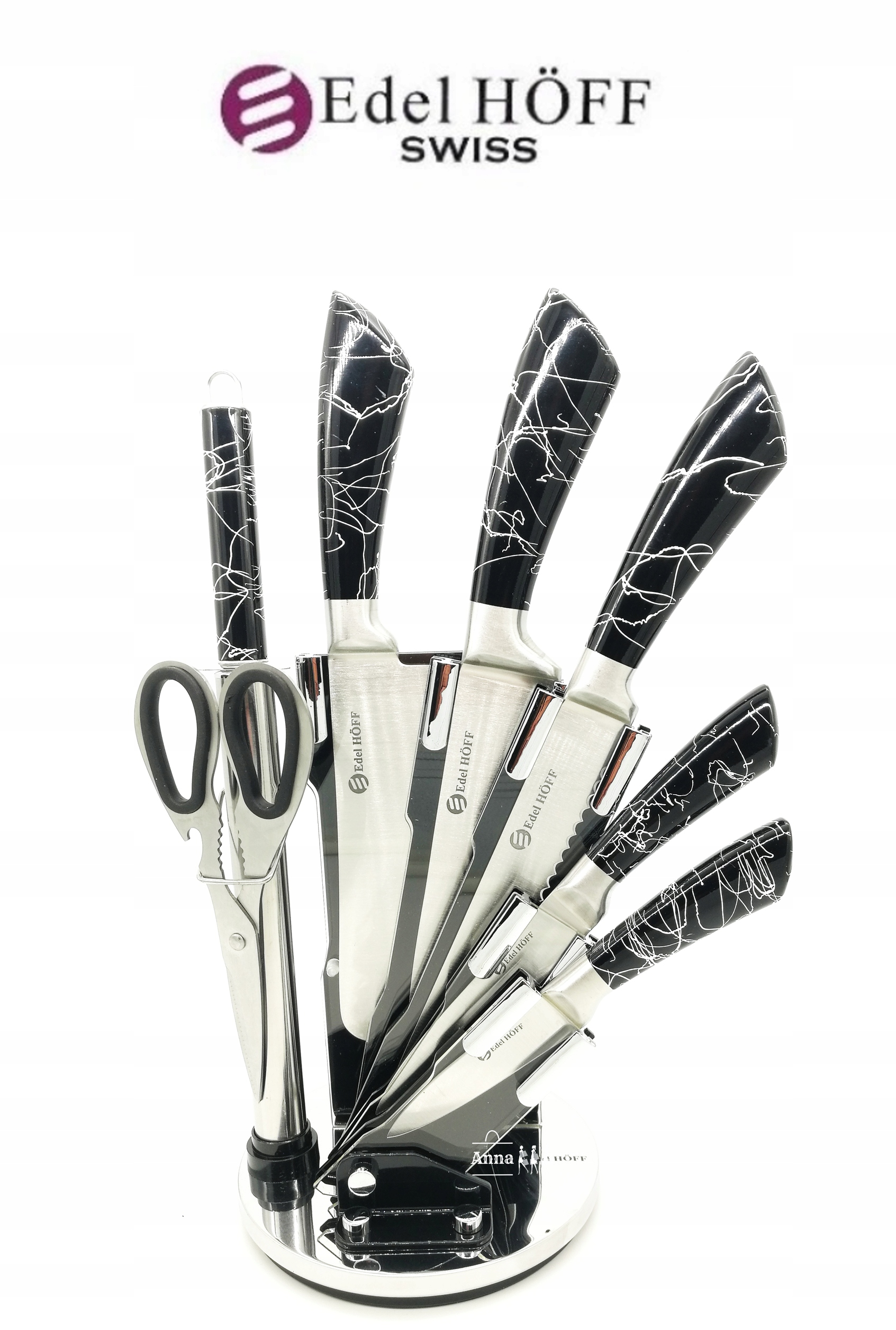 

Zestaw Noży Nóz Nożyce stojak ostrzałka Marmurkowy