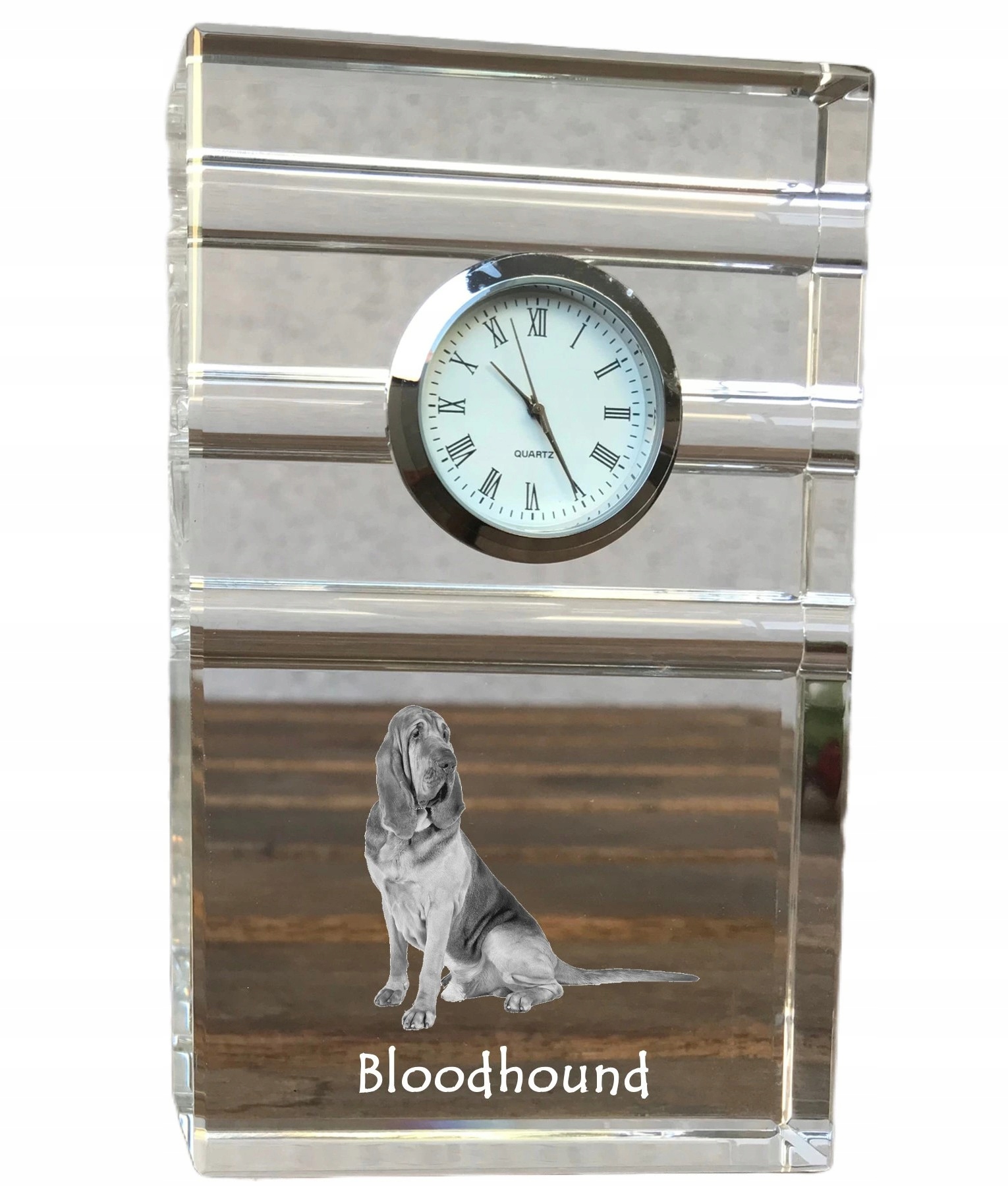 Bloodhound krištáľové stolové hodinky so psom, s vašou fotografiou, suvenír