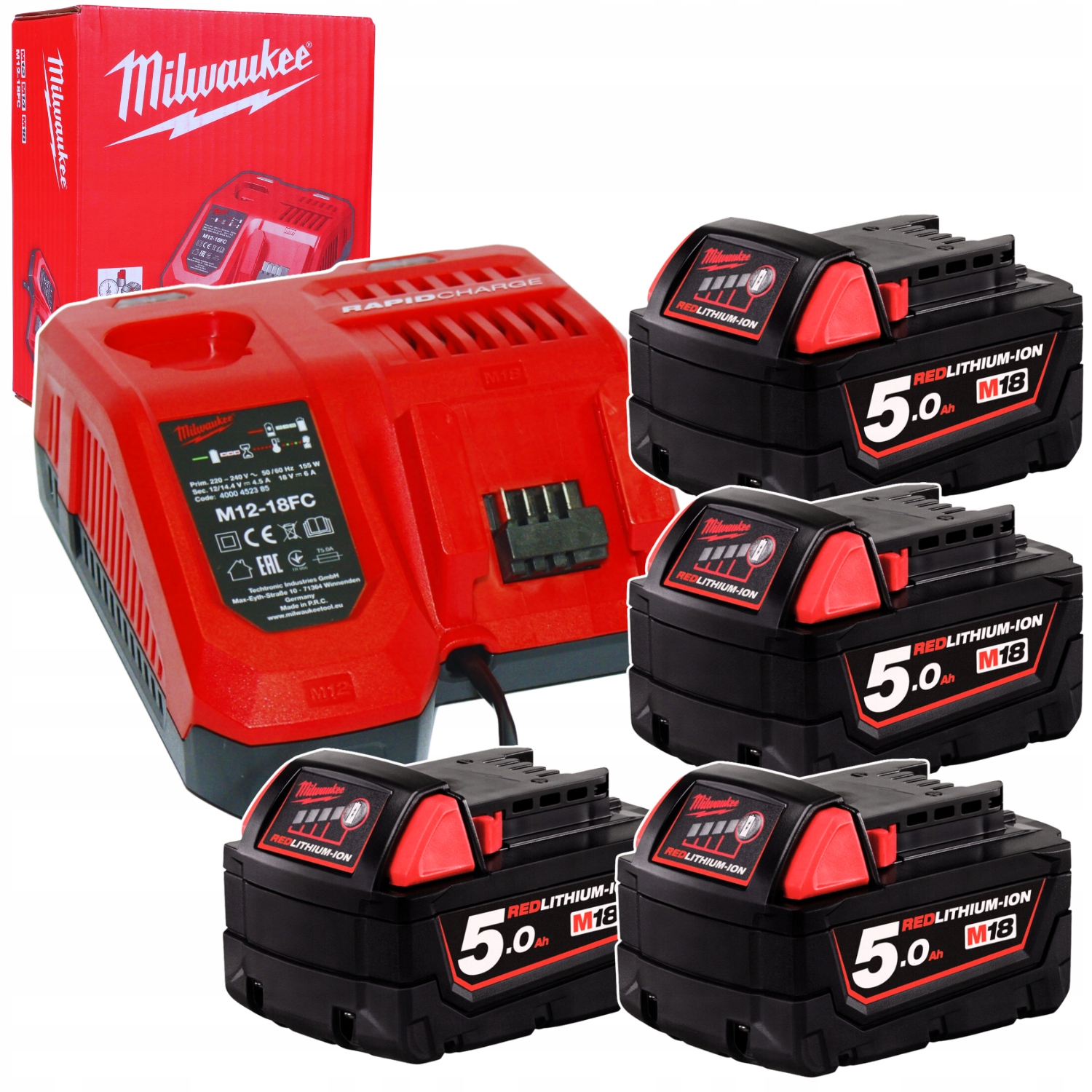 Zestaw 4 baterii milwaukee M18B5 bateria 18V akumulator Ładowarka M12-18 Fc